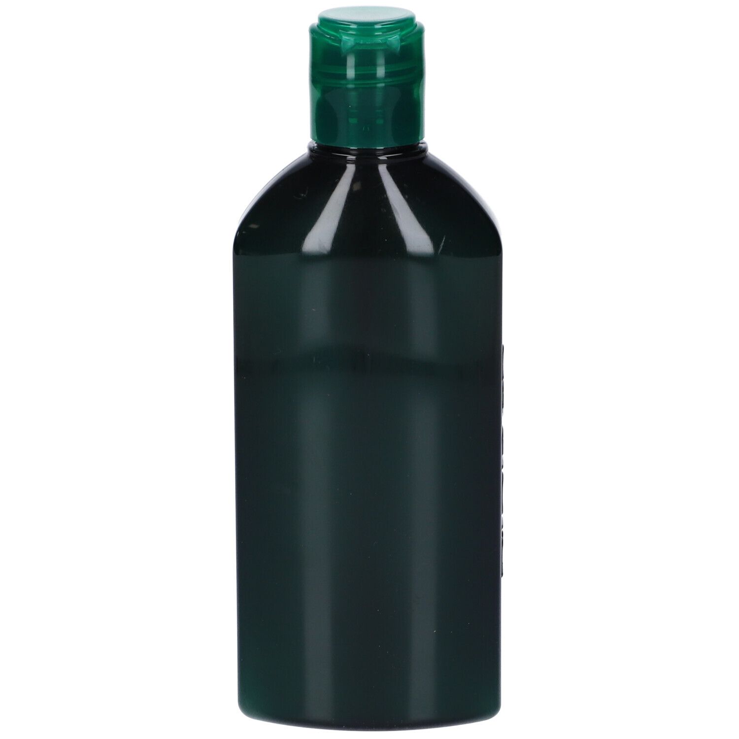 Flacone di shampoo verde scuro con tappo verde. Vista laterale. Nessuna scritta visibile.