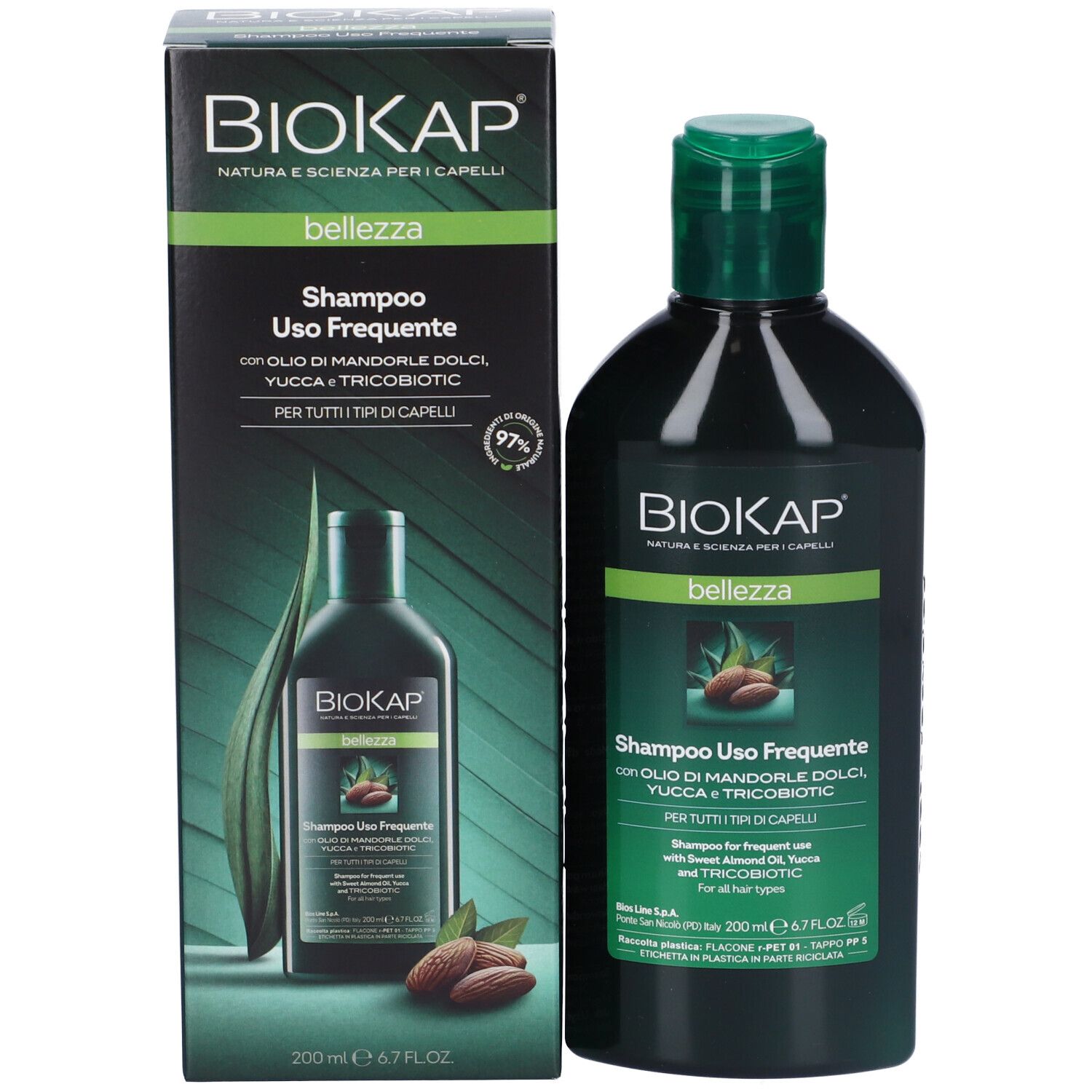 BIOKAP Bellezza Shampoo Uso Frequente, flacone e confezione. Mandorle illustrate. 97% ingredienti di origine naturale.
