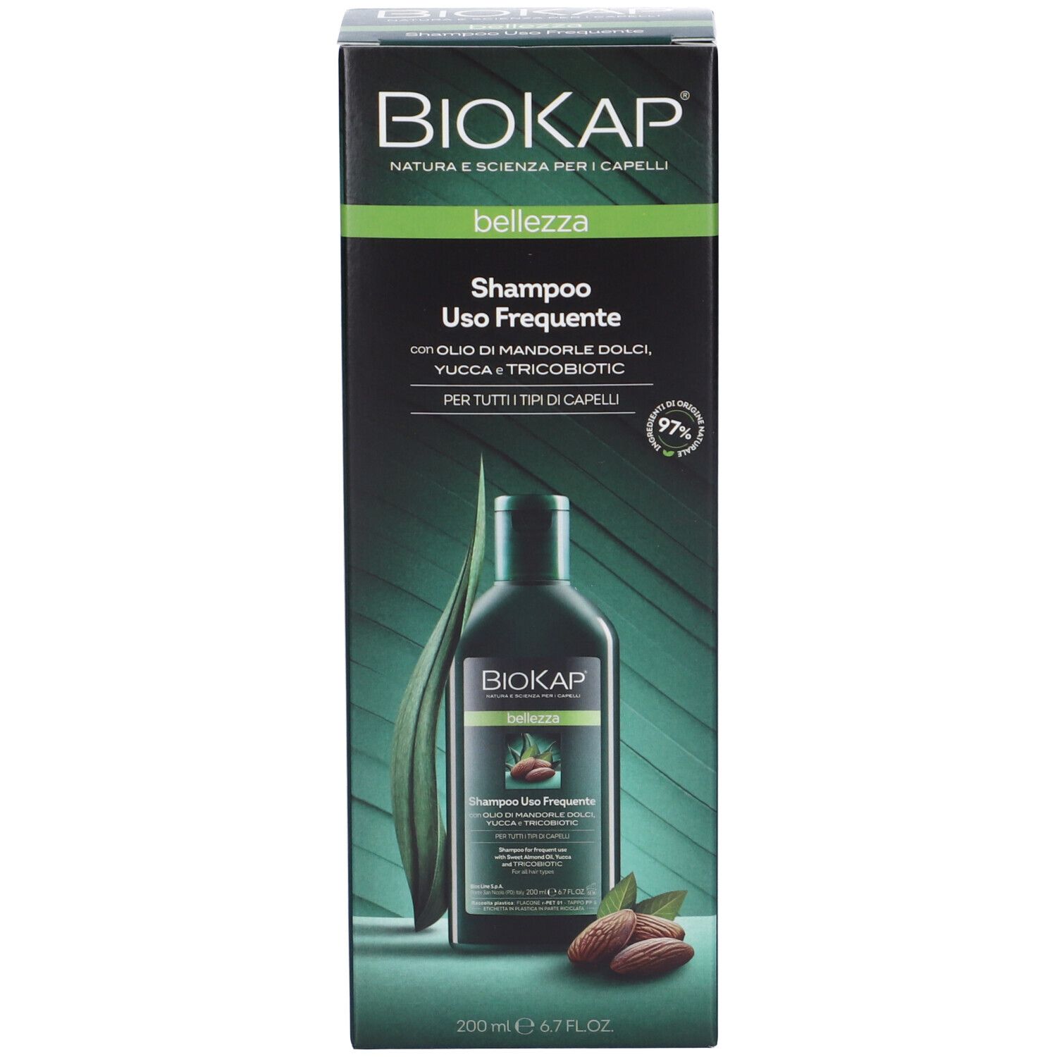 BIOKAP Bellezza Shampoo Uso Frequente, confezione. Flacone e mandorle illustrati. 97% ingredienti di origine naturale.