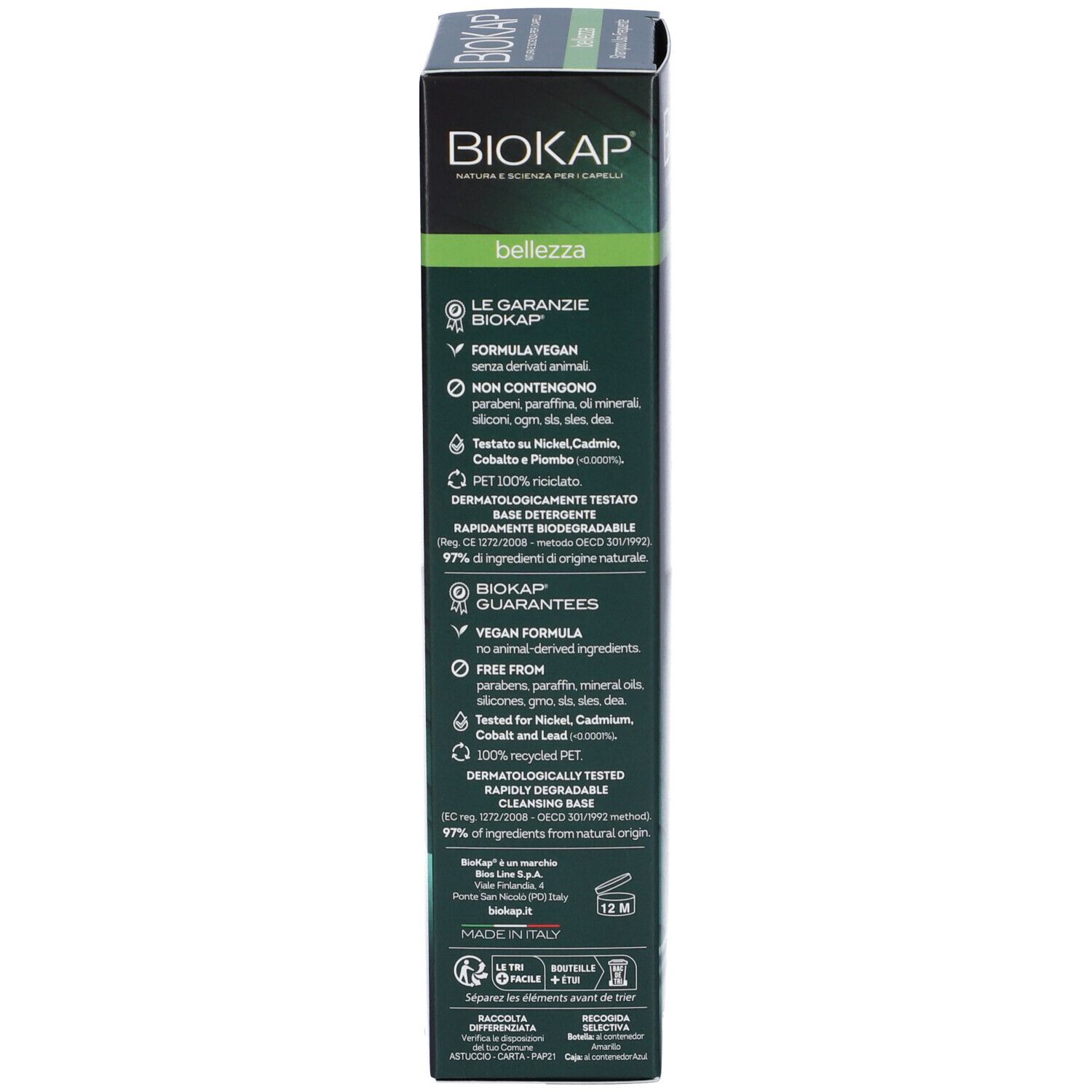 Confezione shampoo BIOKAP Bellezza. Retro con informazioni: formula vegana, dermatologicamente testato, PET 100% riciclato.