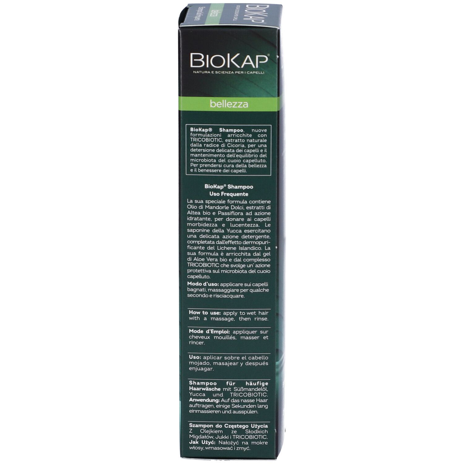 Confezione shampoo BIOKAP Bellezza. Retro con informazioni sul prodotto in diverse lingue.