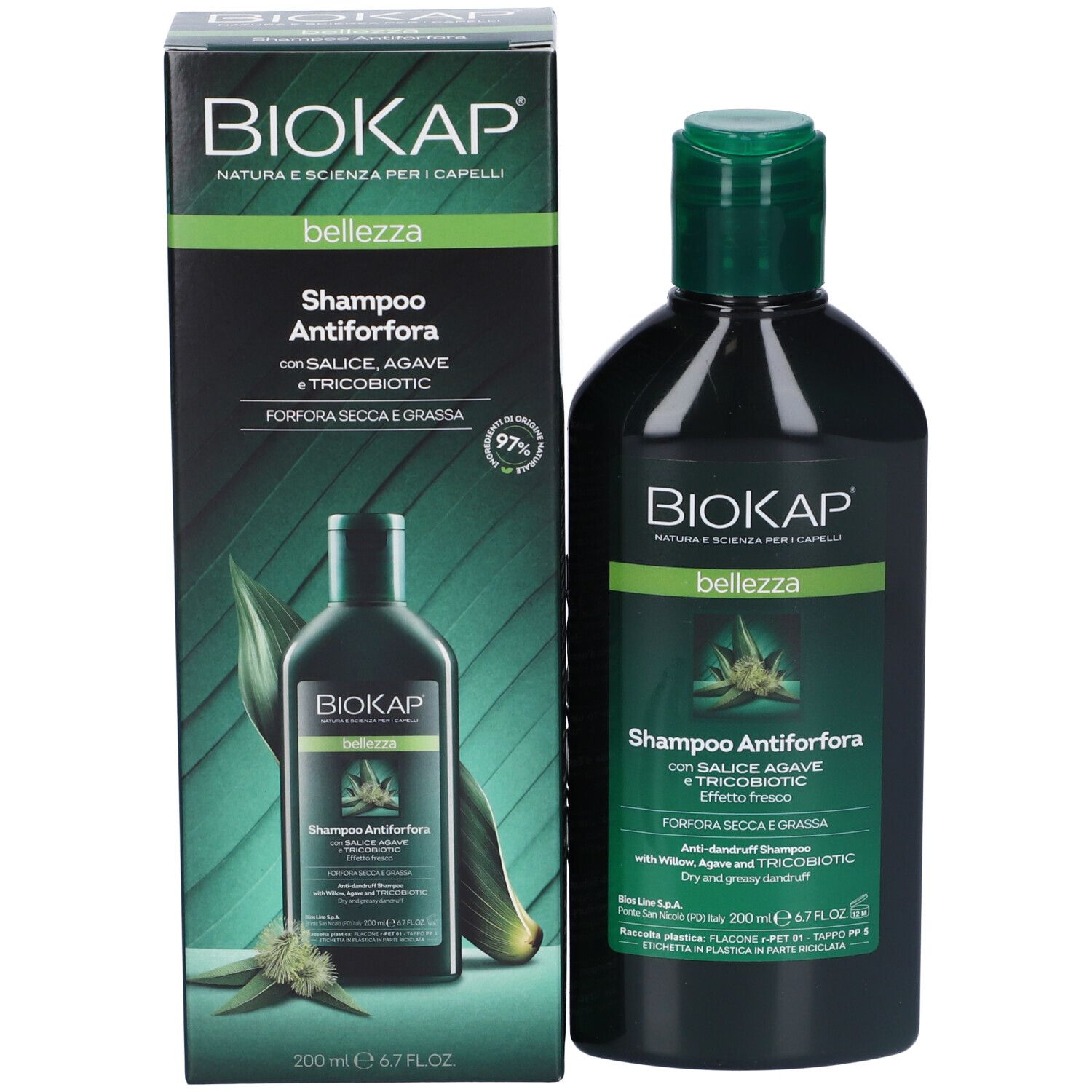 Flacone di shampoo e confezione. Scritta: BIOKAP, bellezza, Shampoo Antiforfora. Confezione con immagine del flacone.