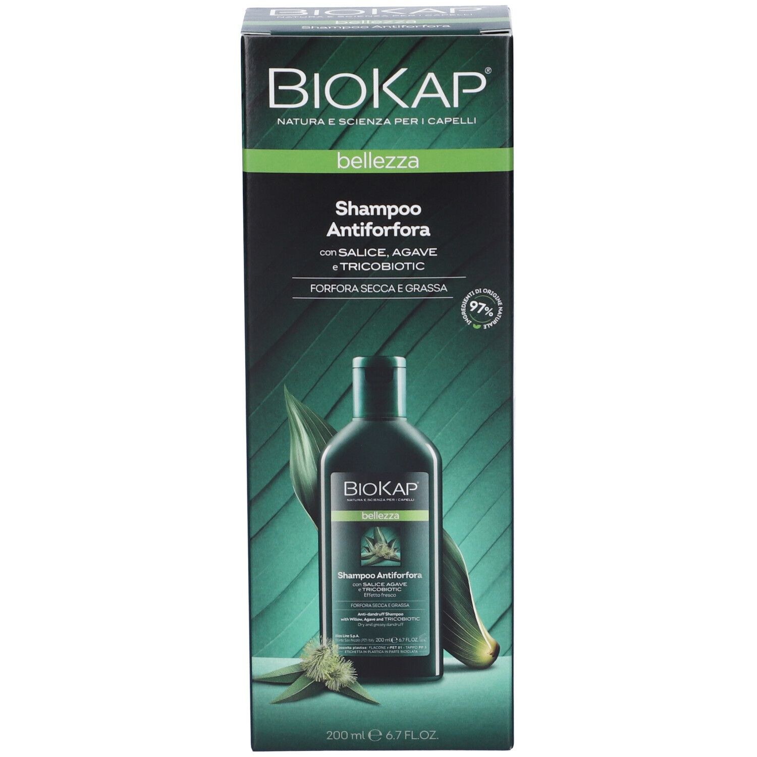 Confezione con immagine del flacone di shampoo. Scritta: BIOKAP, bellezza, Shampoo Antiforfora. Design verde e bianco.