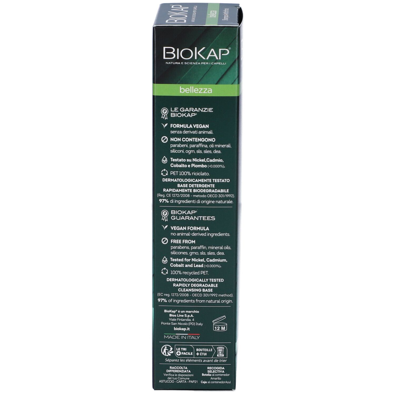Confezione, vista dettagliata. Scritta: BIOKAP, bellezza. Informazioni su ingredienti e certificazioni.
