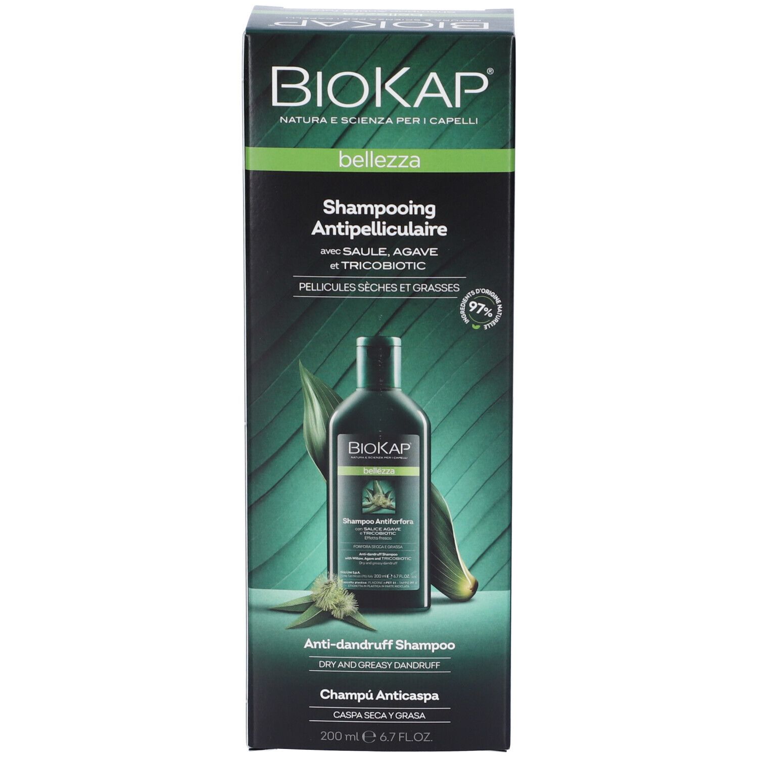 Confezione del prodotto. Scritta: BIOKAP, Shampooing Antipelliculaire. Immagine del flacone. Design verde e bianco.