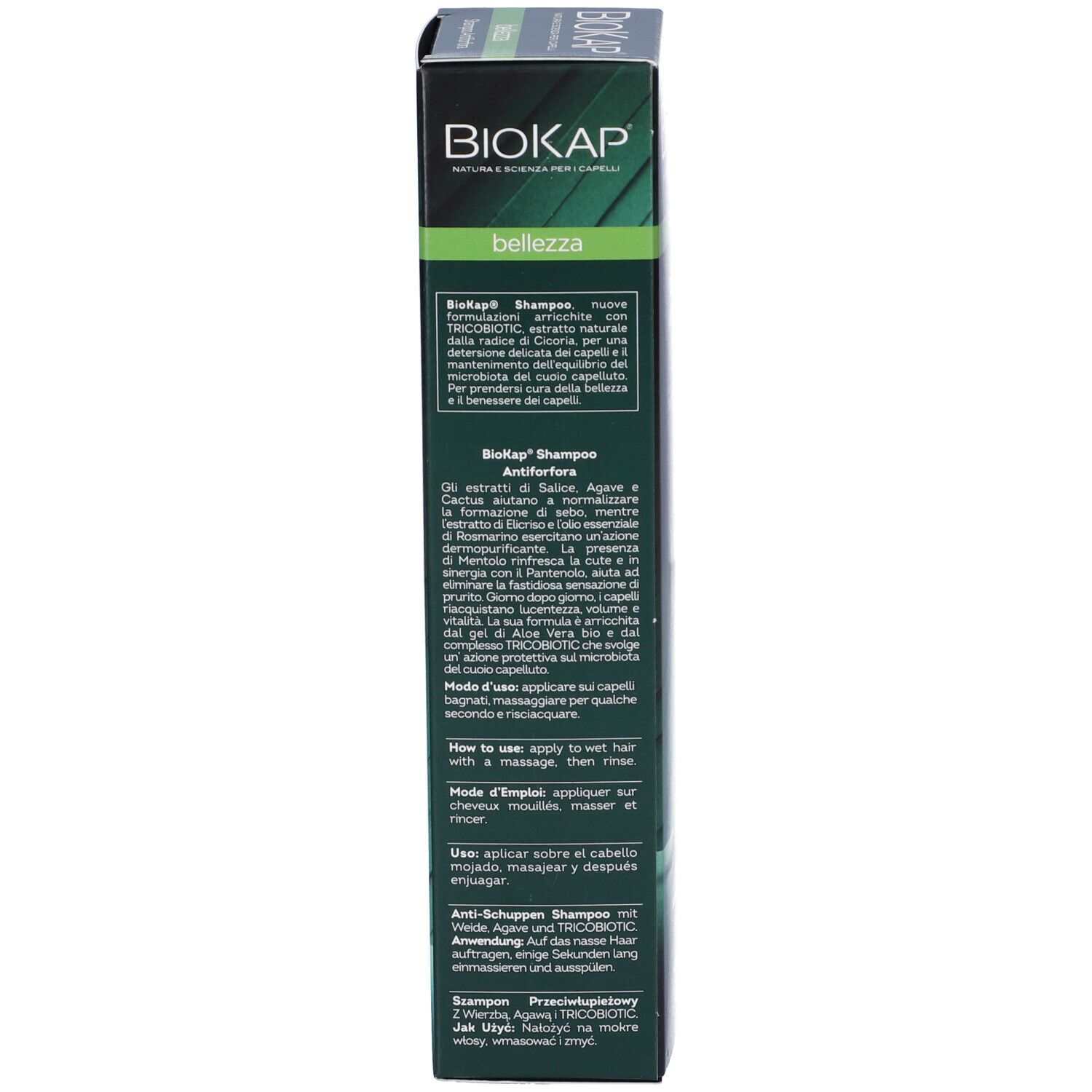 Confezione, vista dettagliata. Scritta: BIOKAP, bellezza. Informazioni sull'uso e ingredienti.