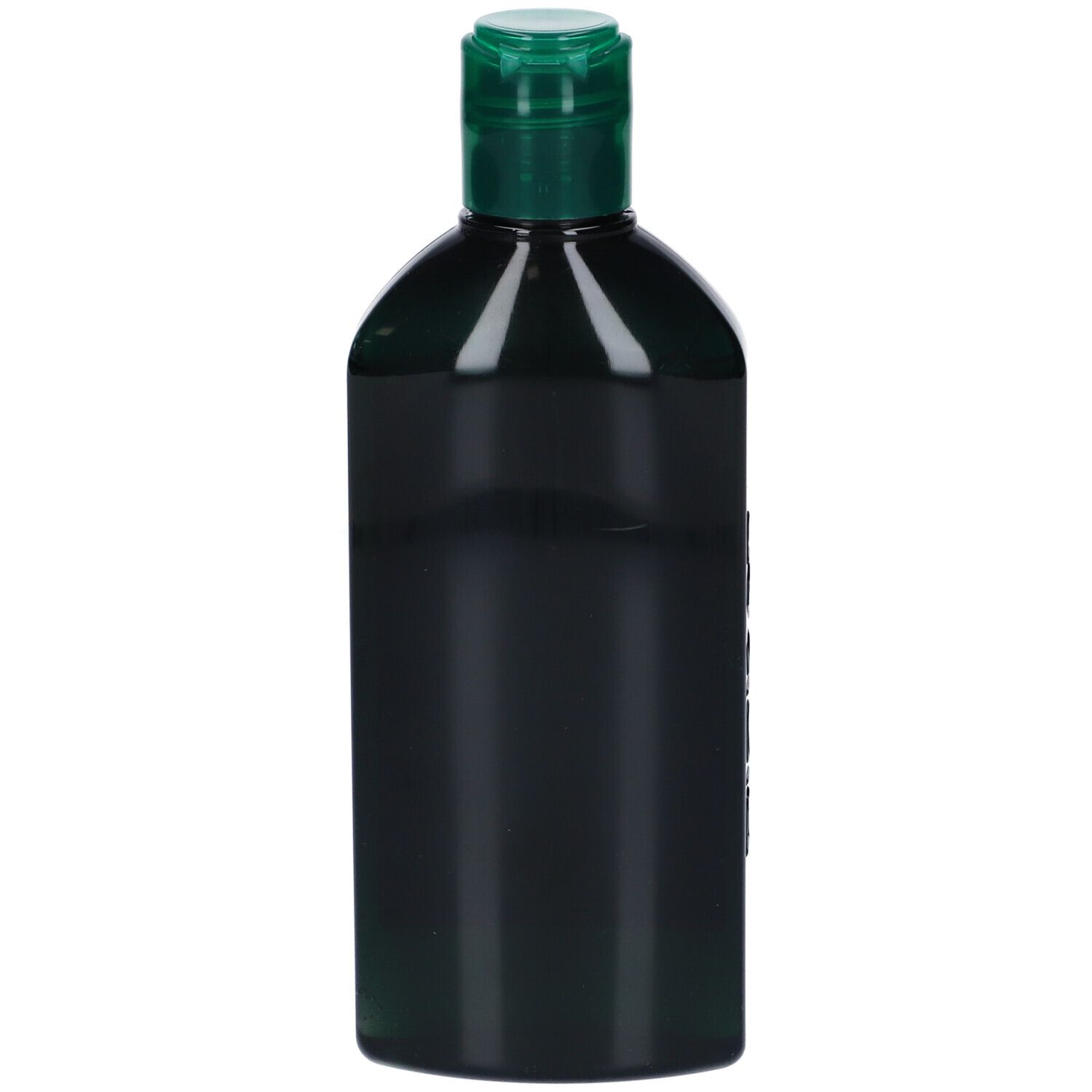 Flacone verde scuro con tappo verde. Vista laterale. Nessuna scritta visibile.
