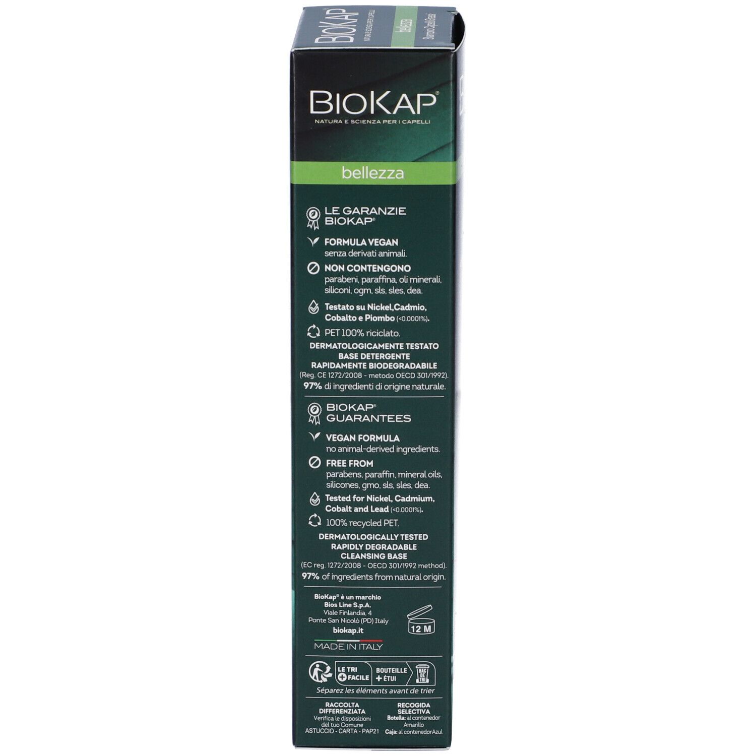 Scatola. Scritta: BioKap. Informazioni sugli ingredienti e certificazioni. Formula vegana.