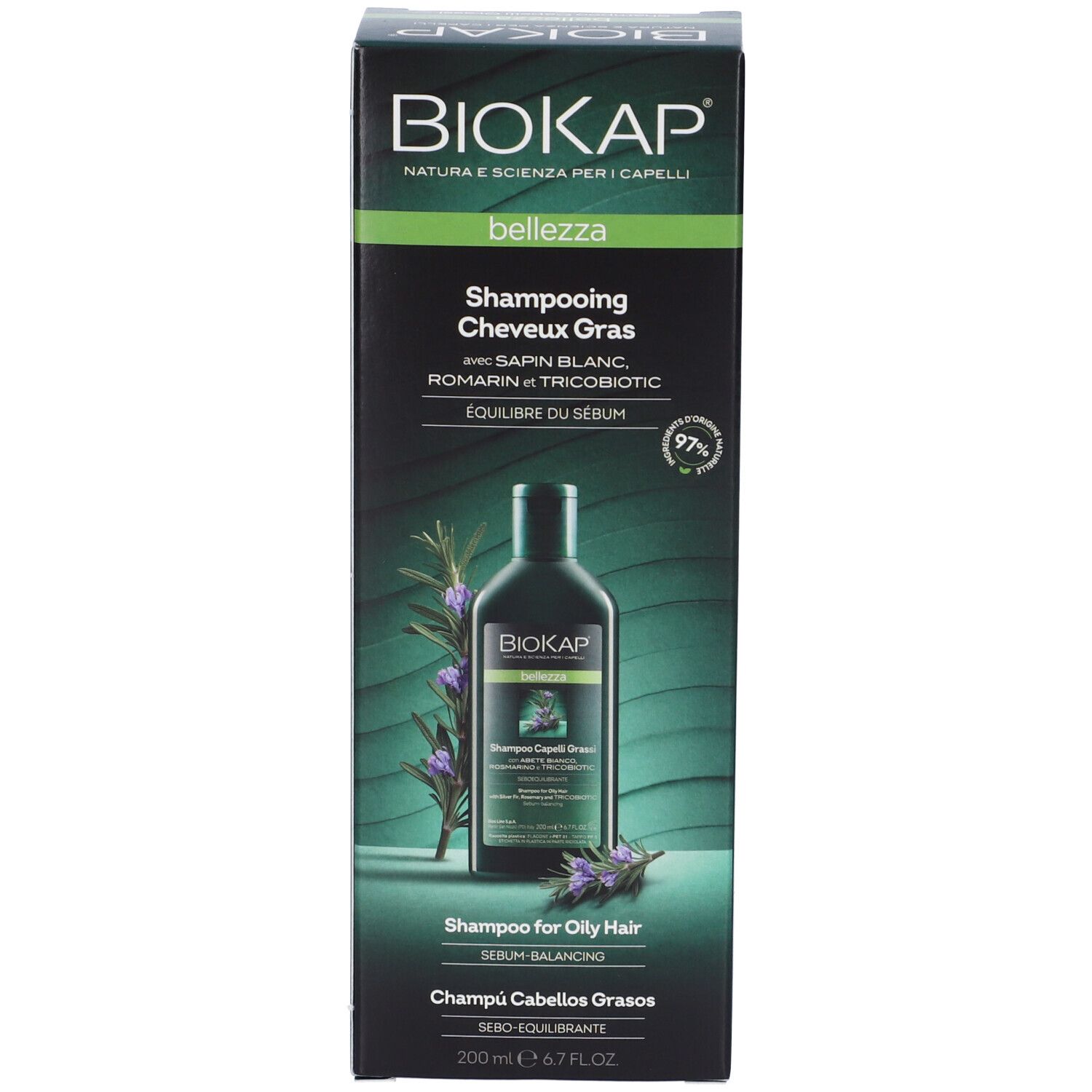Scatola. Scritta: BioKap Bellezza Shampoo Cheveux Gras. Immagine di flacone ed erbe.