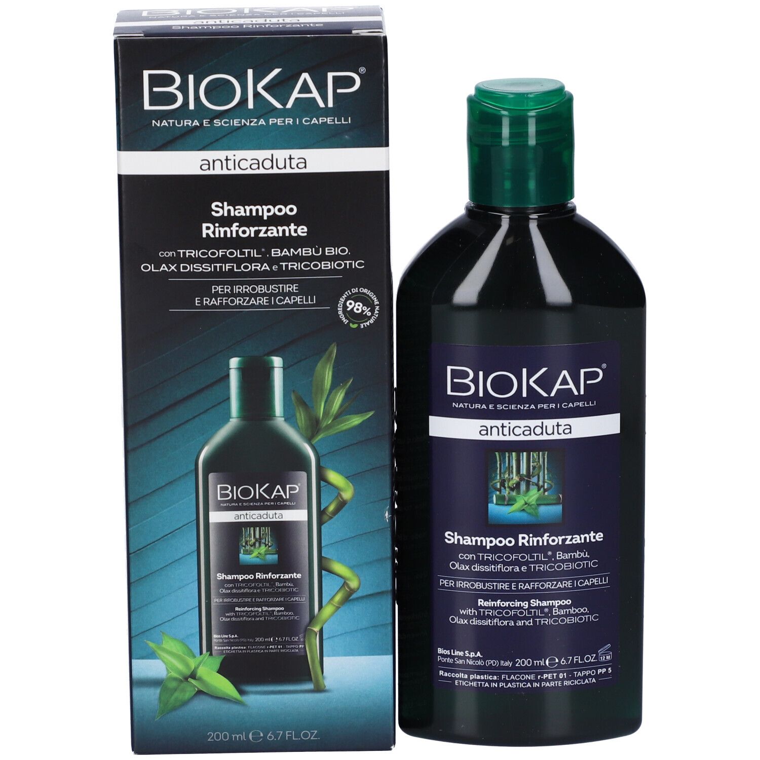Flacone e scatola BioKap Shampoo Rinforzante Anticaduta.