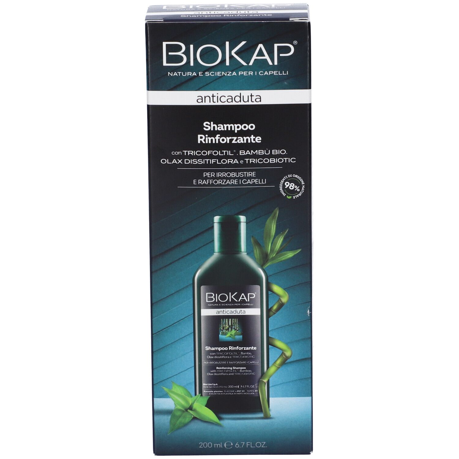 Scatola BioKap Shampoo Rinforzante Anticaduta con immagine del flacone.