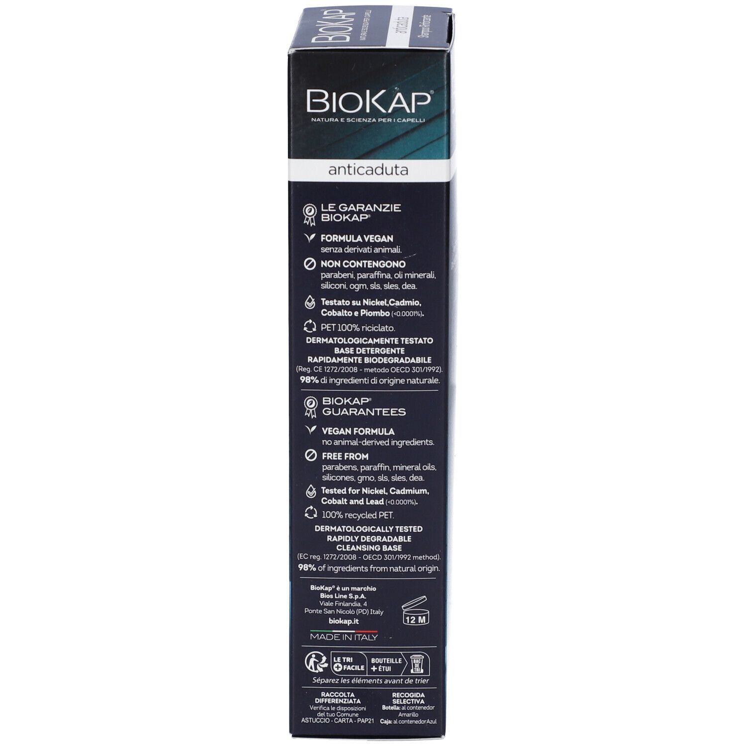 Lato della scatola BioKap Shampoo Rinforzante Anticaduta con dettagli.