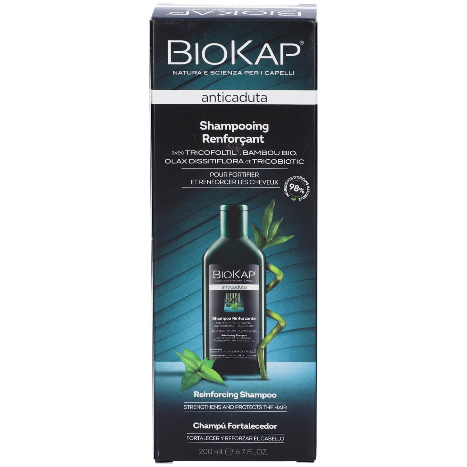 Fronte della scatola BioKap Shampoo Rinforzante Anticaduta.