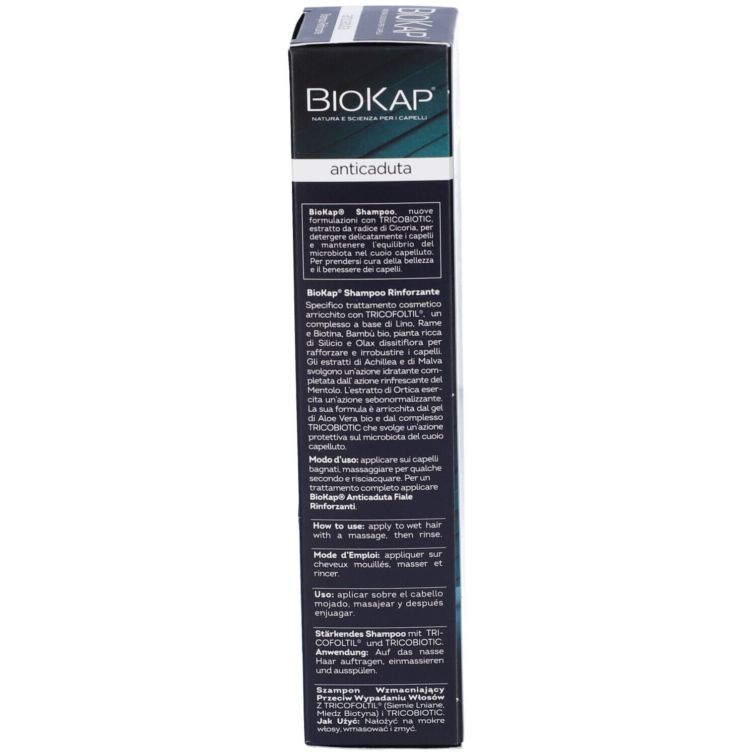 Retro della scatola BioKap Shampoo Rinforzante Anticaduta con testo.