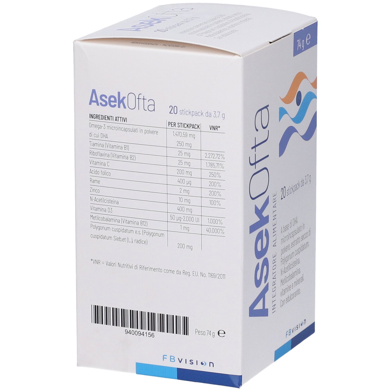 Scatola bianca con nome e logo del prodotto. Contiene un elenco degli ingredienti. Scritto: Integratore Alimentare.