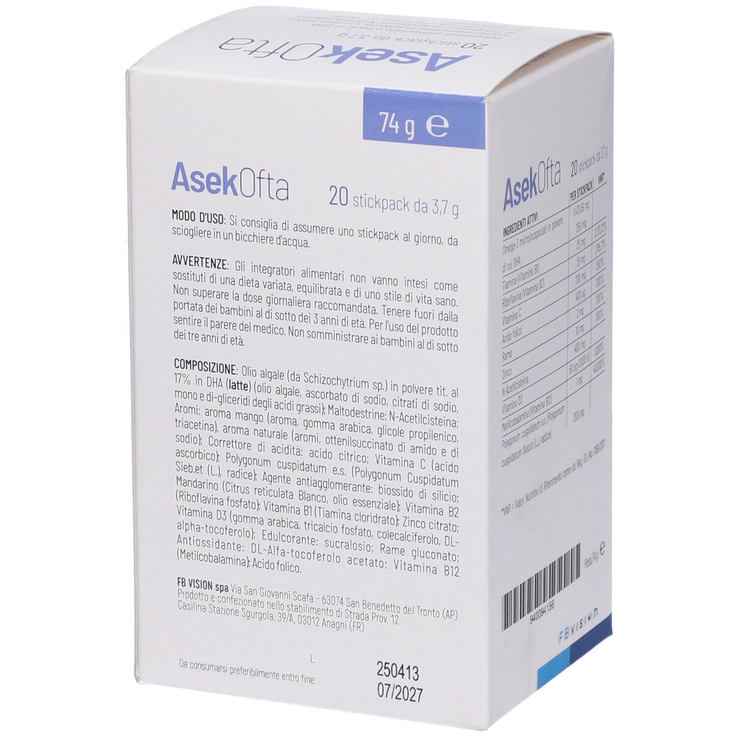 Scatola bianca con nome e logo del prodotto. Contiene informazioni sull'uso e la composizione. Scritto: Integratore Alimentare.