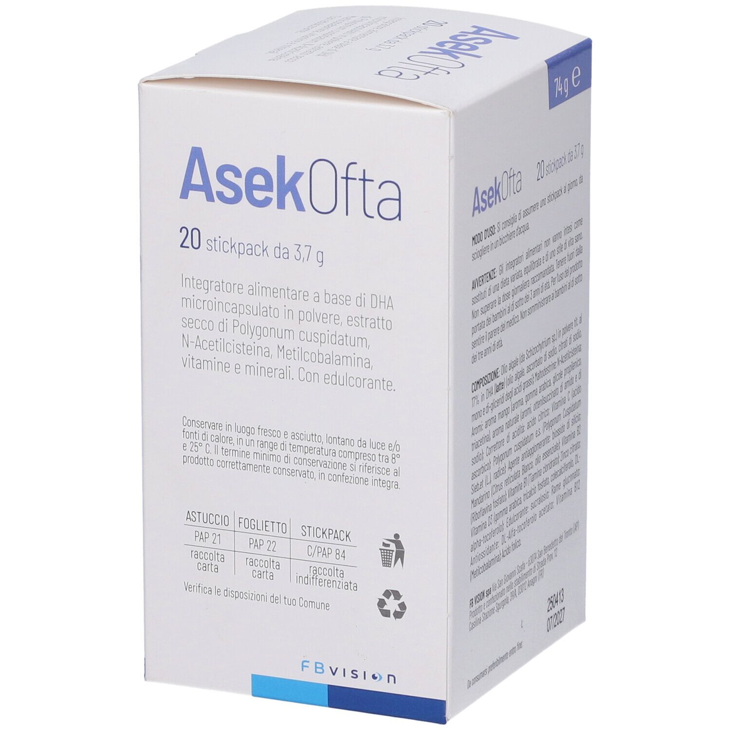 Scatola bianca con nome e logo del prodotto. Contiene informazioni sulla conservazione e lo smaltimento. Scritto: Integratore Alimentare.