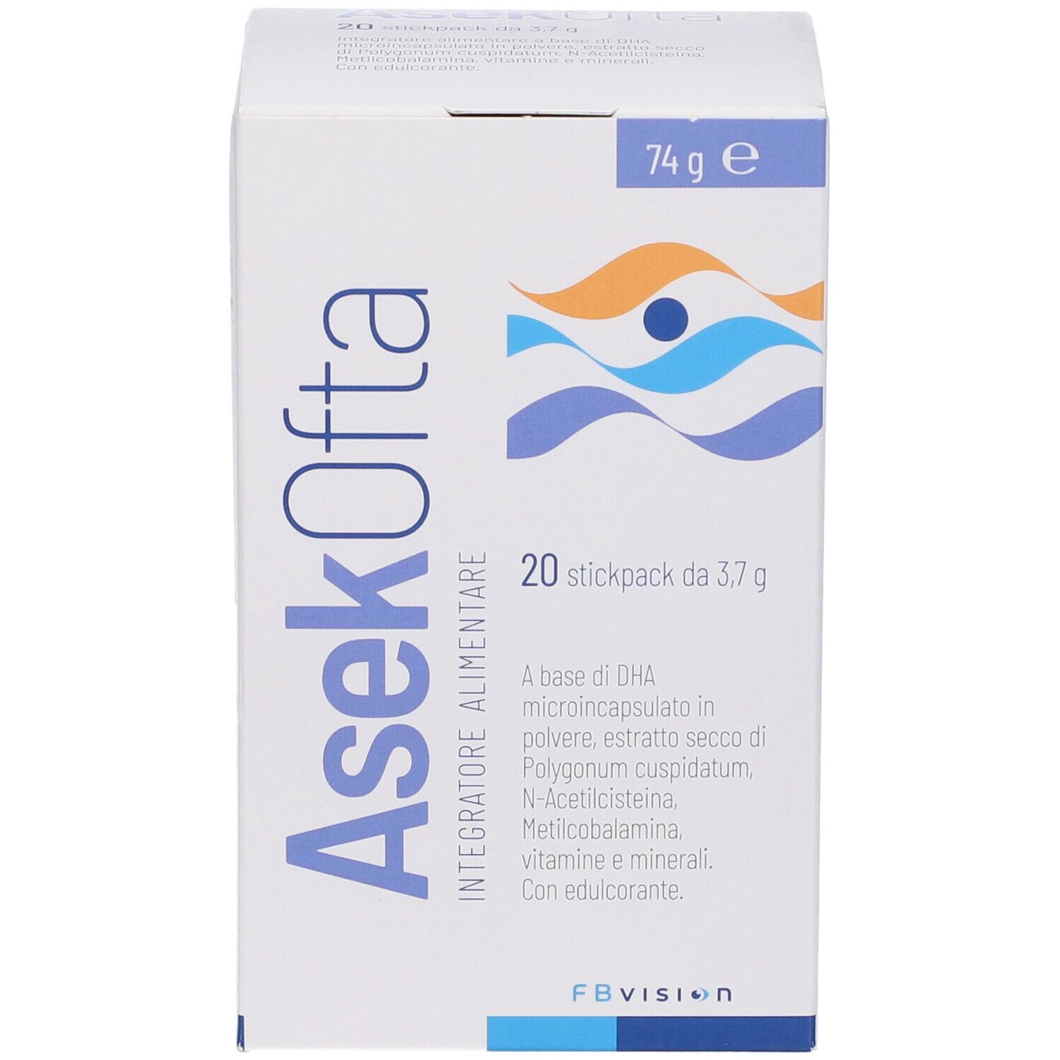 Scatola bianca con nome e logo del prodotto. Contiene 20 stickpack. Scritto: Integratore Alimentare.