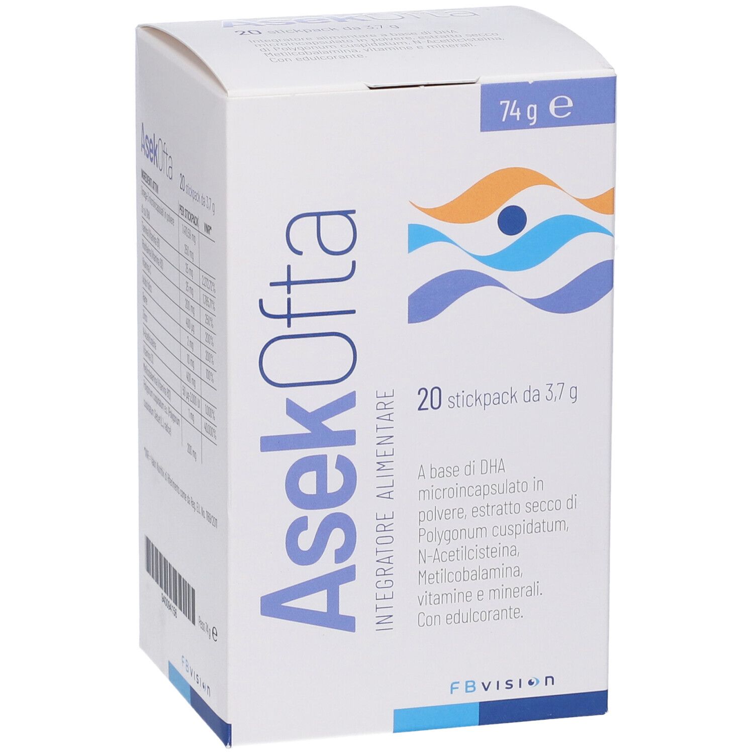 Scatola bianca con nome e logo del prodotto. Contiene 20 stickpack. Scritto: Integratore Alimentare.