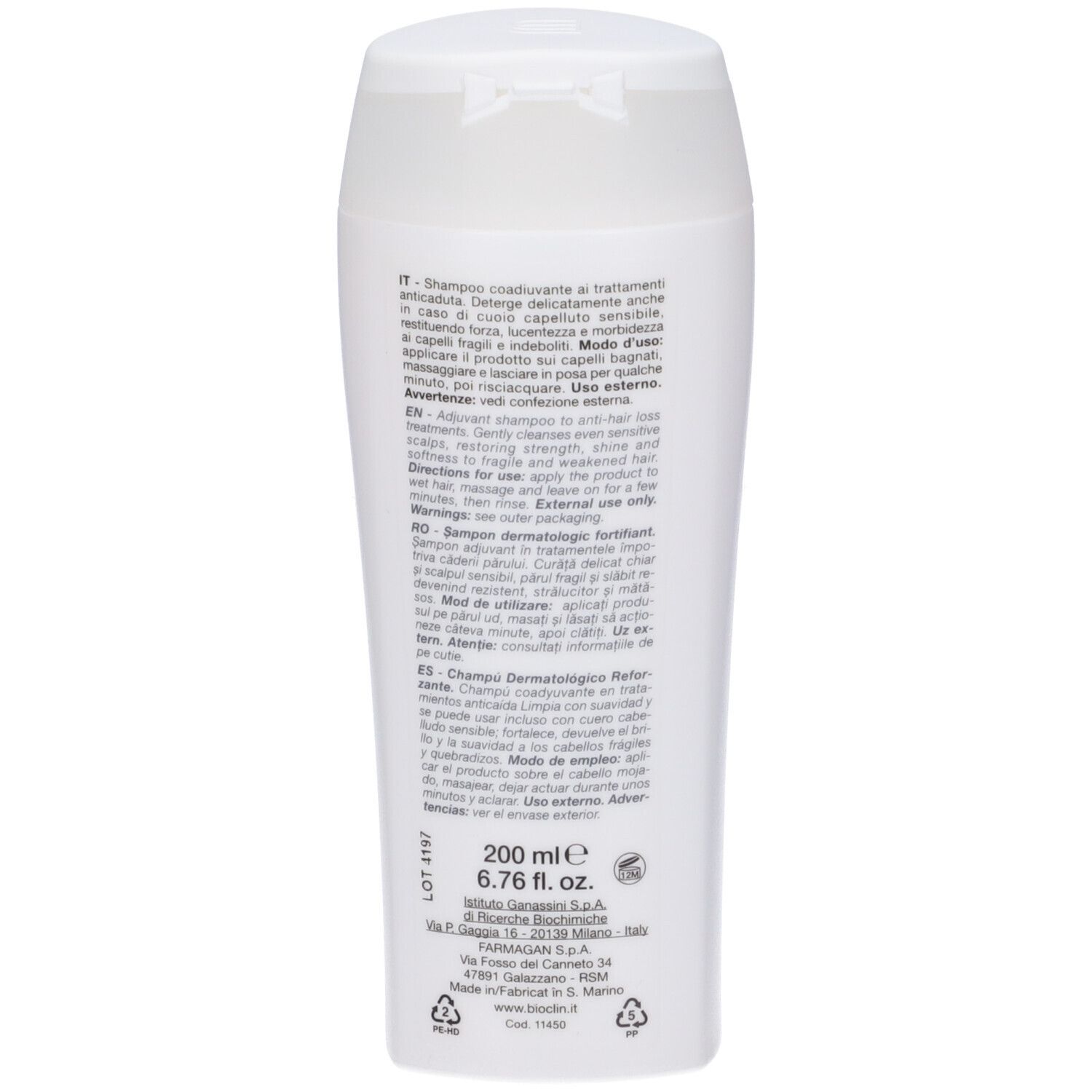 Flacone bianco con tappo a scatto bianco, 200 ml.