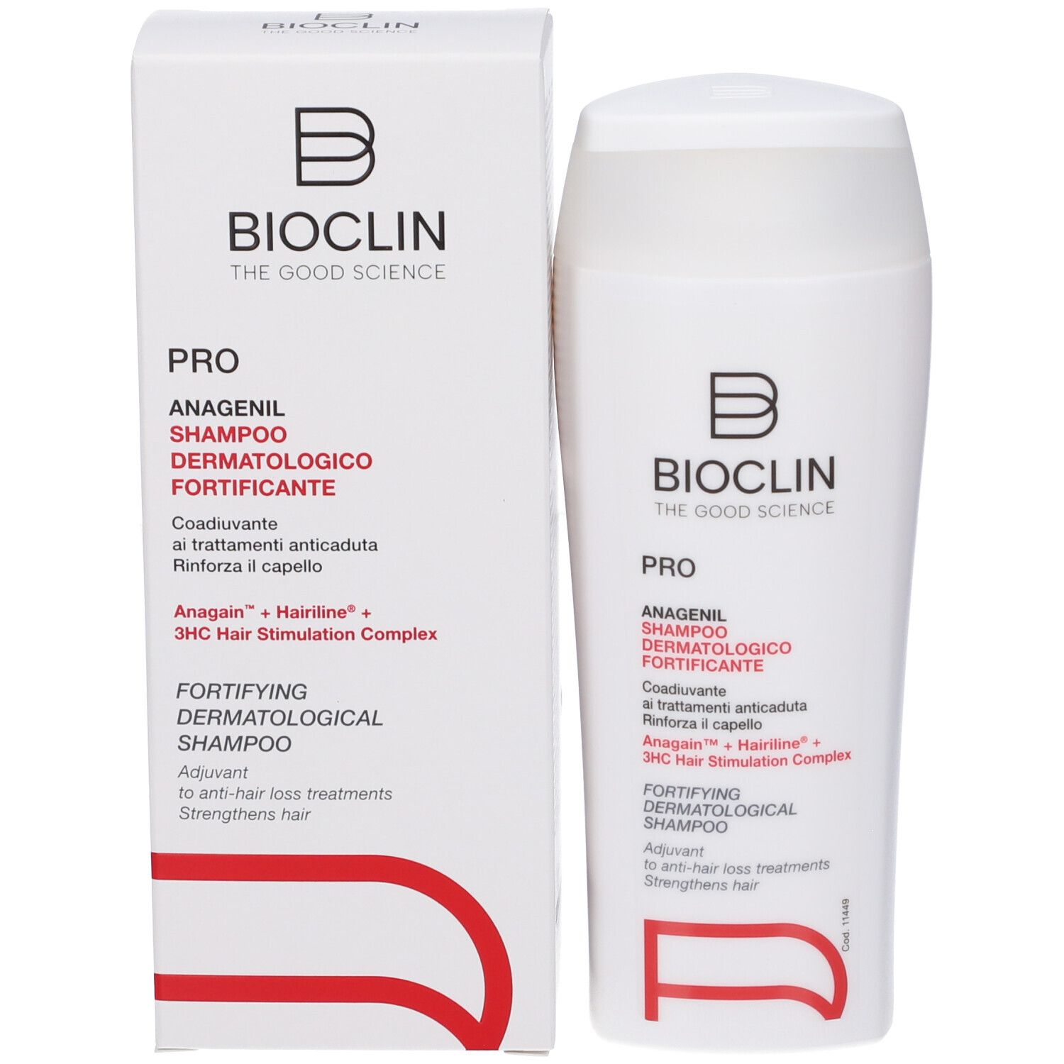 Bioclin Pro Anagenil Shampoo: Scatola bianca e flacone con testo rosso e nero.