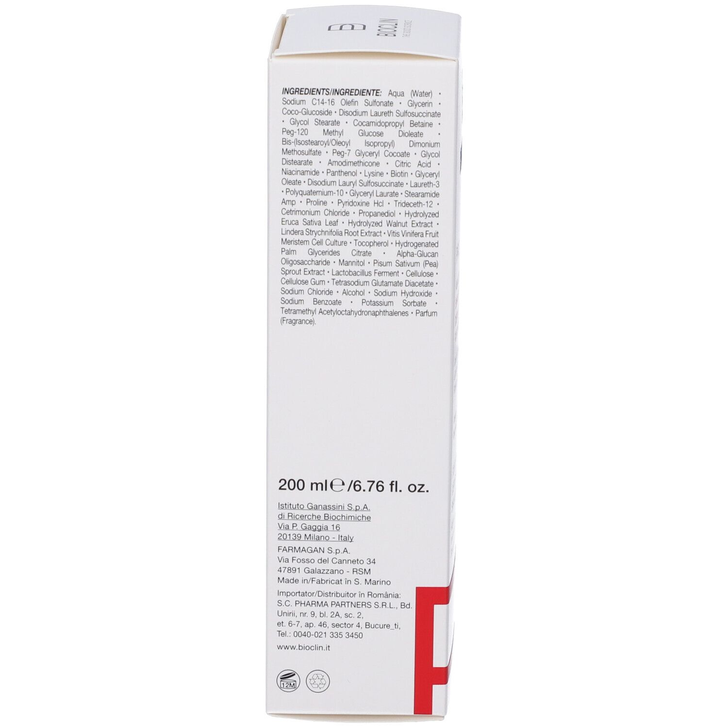 Confezione bianca con elenco ingredienti e indicazione 200 ml / 6.76 fl. oz.