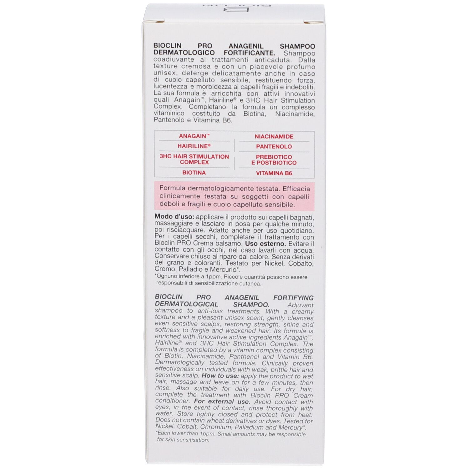 Scatola shampoo fortificante Bioclin Pro Anagenil. Contiene Biotina, Niacinamide, Pantenolo e Vitamina B6.