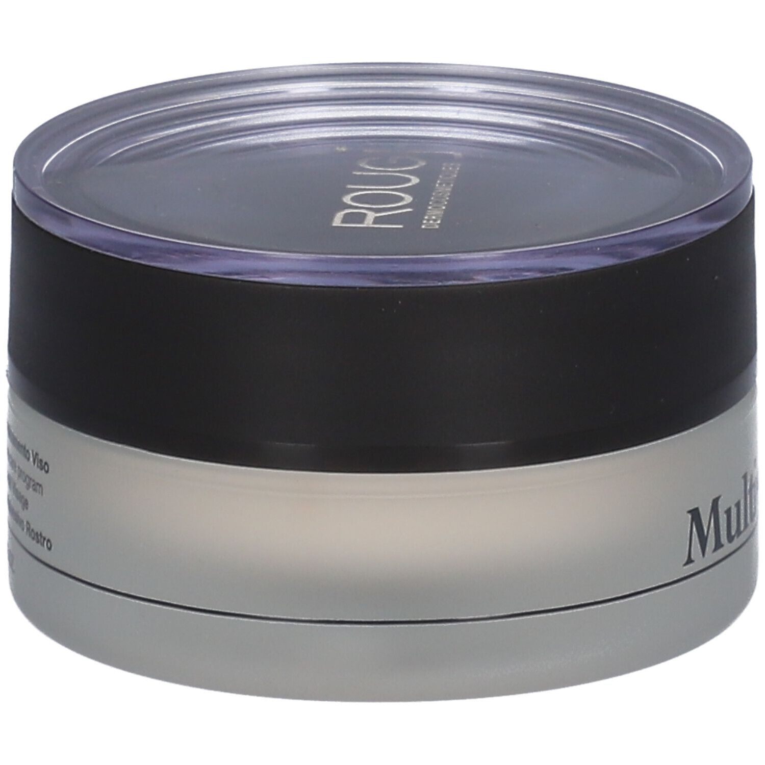 Vasetto di crema con coperchio nero e coperchio trasparente. Sul vasetto è scritto "ROUGJ+".