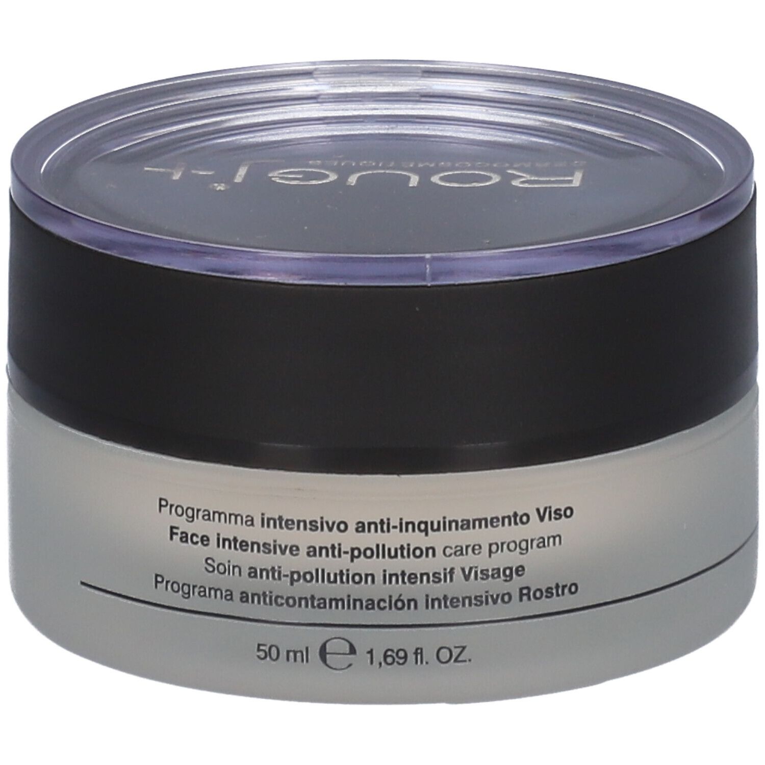 Vasetto di crema con coperchio nero e trasparente. Testo e "ROUGJ+" sono visibili.