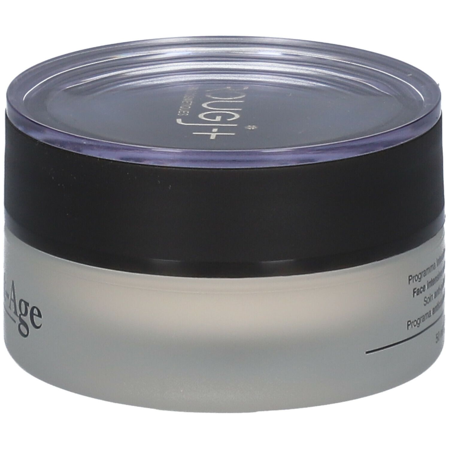 Vasetto di crema con coperchio nero e trasparente. "Multivit-Age" è scritto sul vasetto.