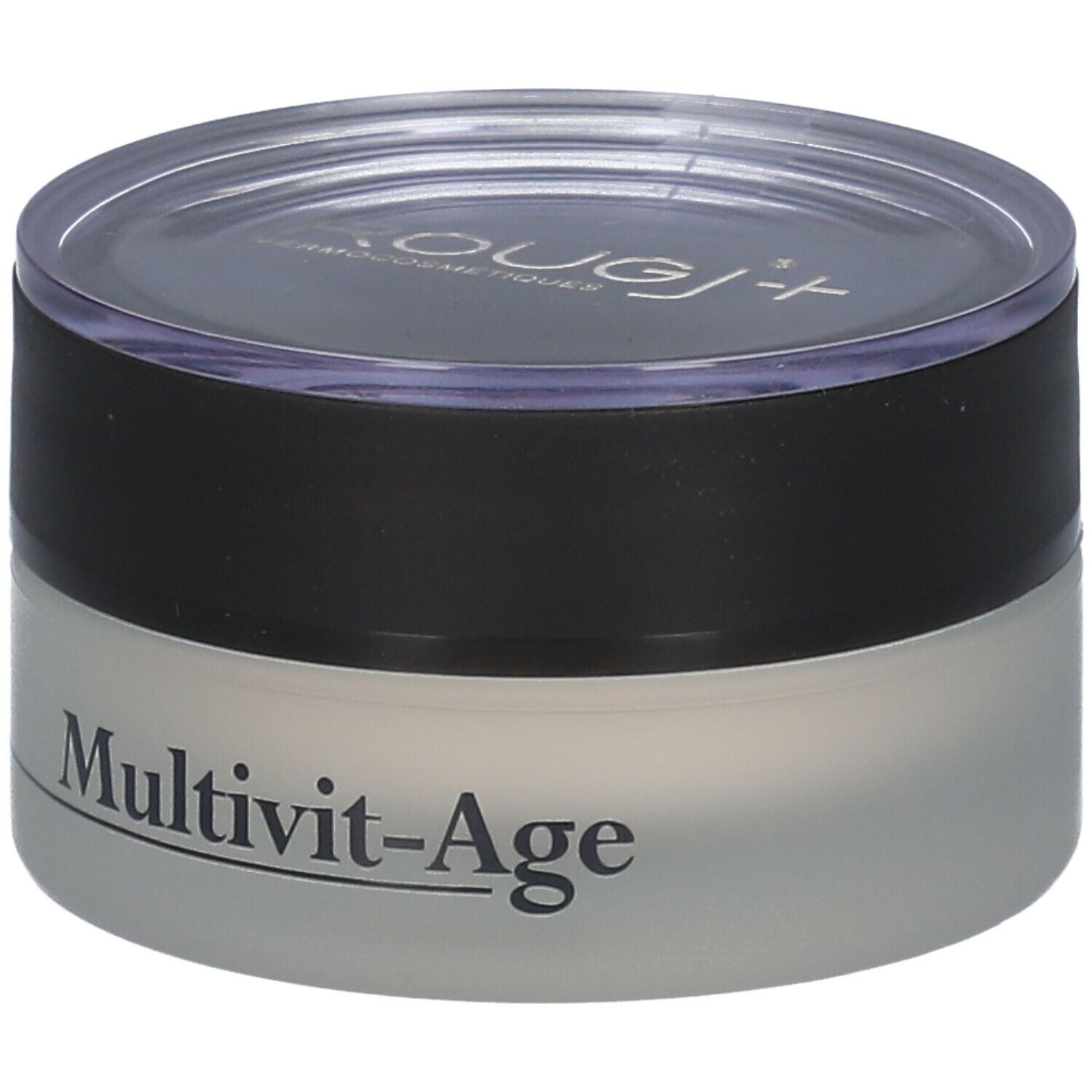 Vasetto di crema con coperchio nero e trasparente. "Multivit-Age" è scritto sul vasetto.