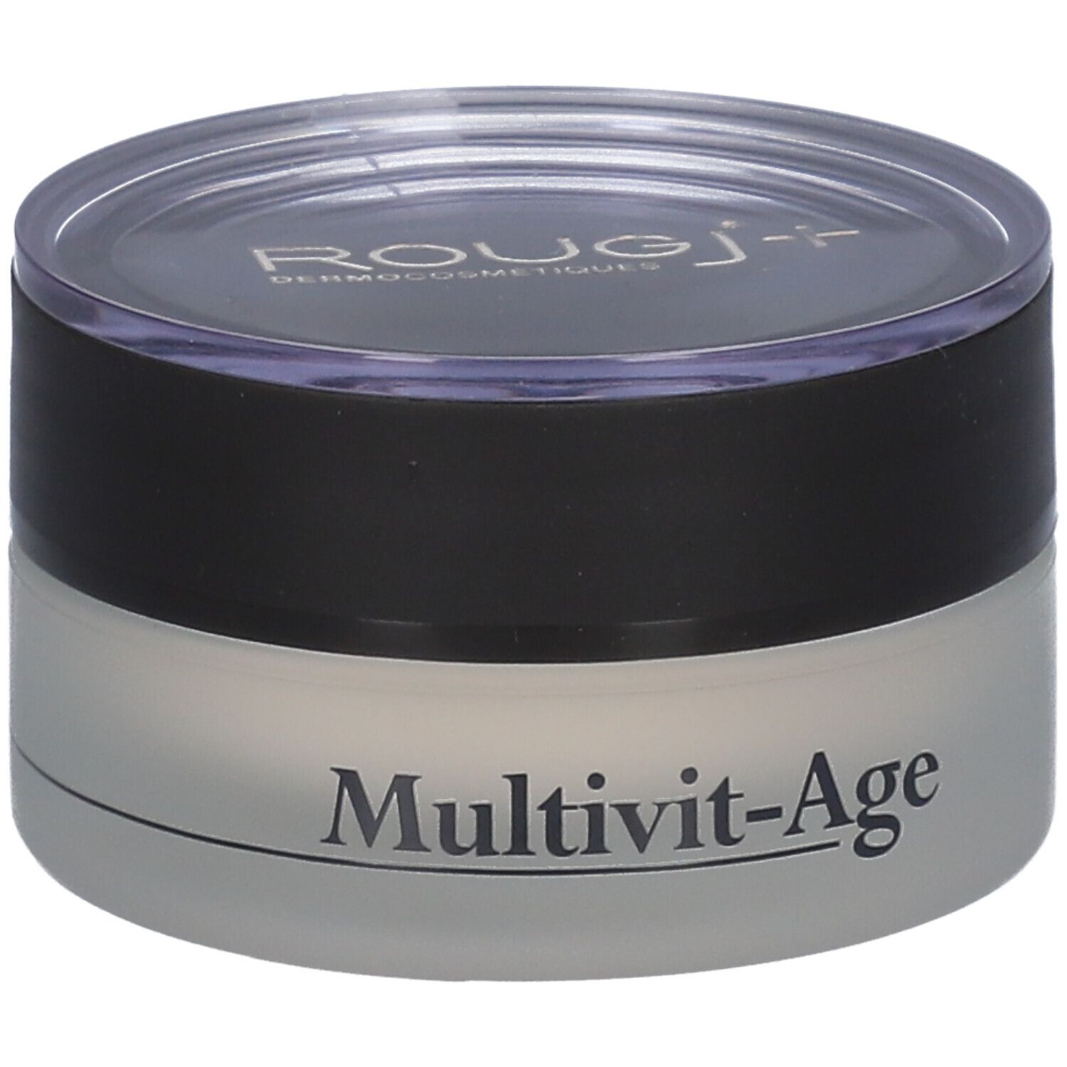 Vasetto di crema con coperchio nero e trasparente. "Multivit-Age" è scritto sul vasetto.