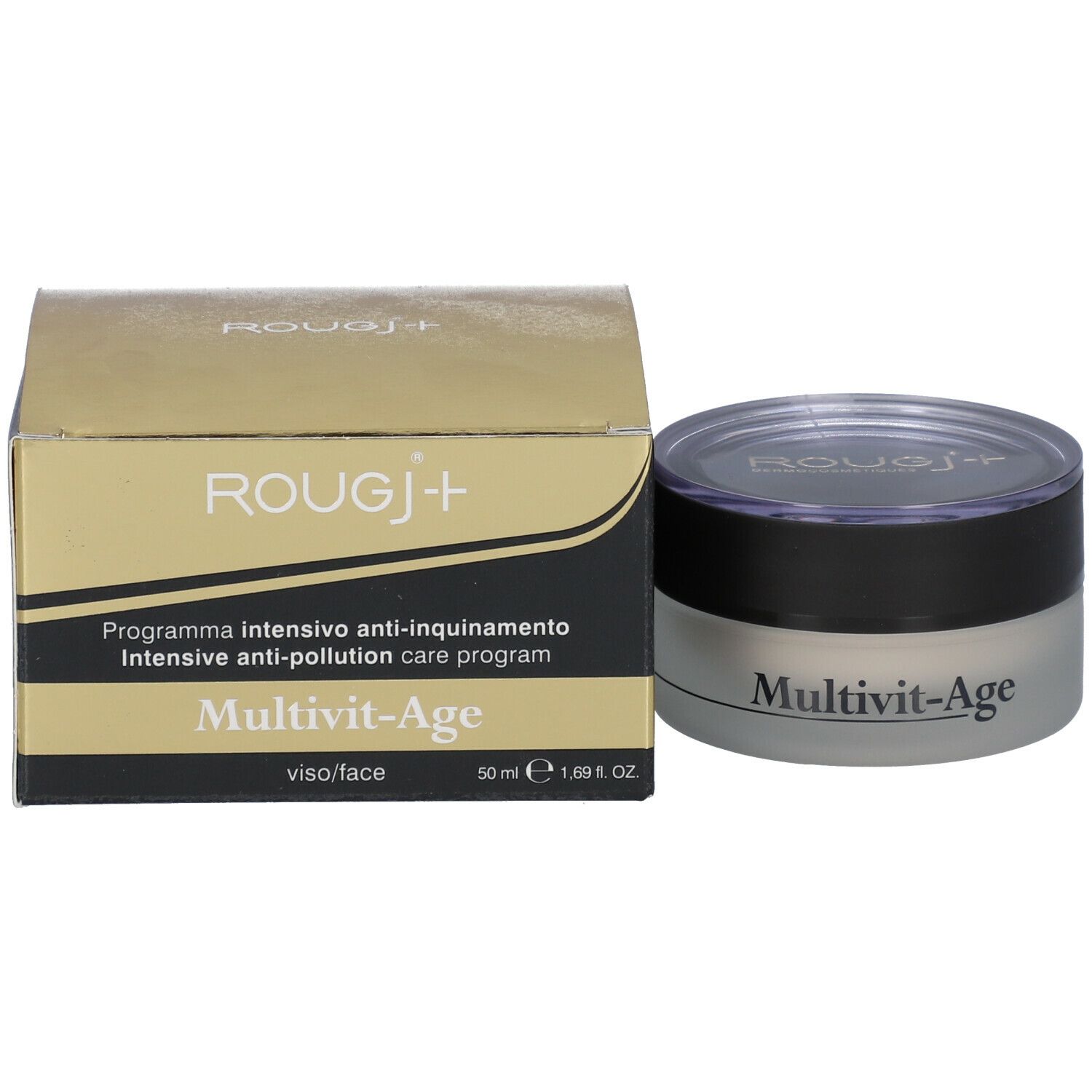 Vasetto di crema e confezione. "Multivit-Age" è scritto sul vasetto. "ROUGJ+" sulla confezione.
