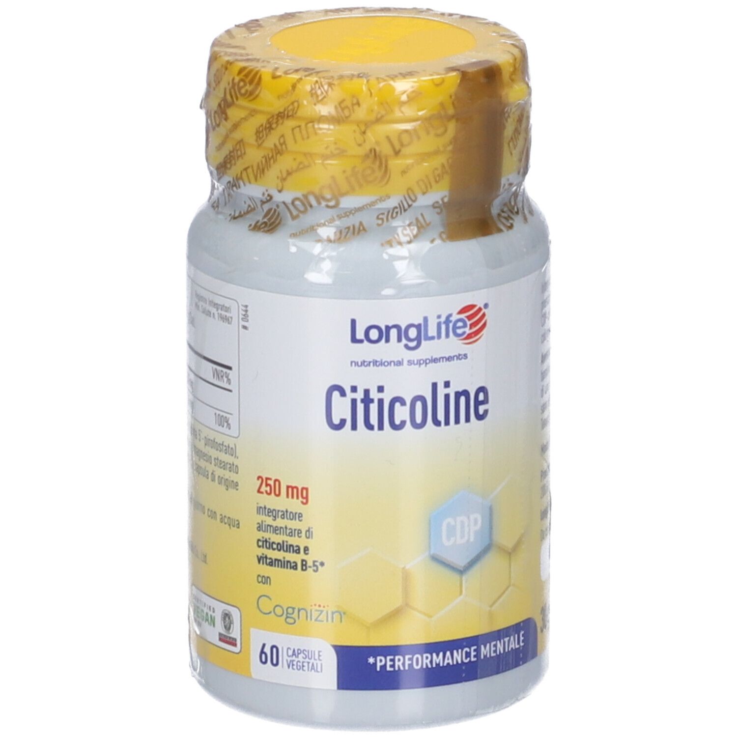 Flacone cilindrico di capsule di Citicolina. Scritte: LongLife, Citicolina, 250 mg, 60 capsule. Tappo e sigillo gialli.
