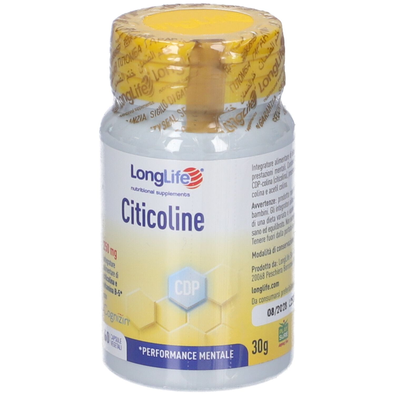 Flacone cilindrico di capsule di Citicolina. Scritte: LongLife, Citicolina, 250 mg, 60 capsule. Tappo e sigillo gialli. 30g.