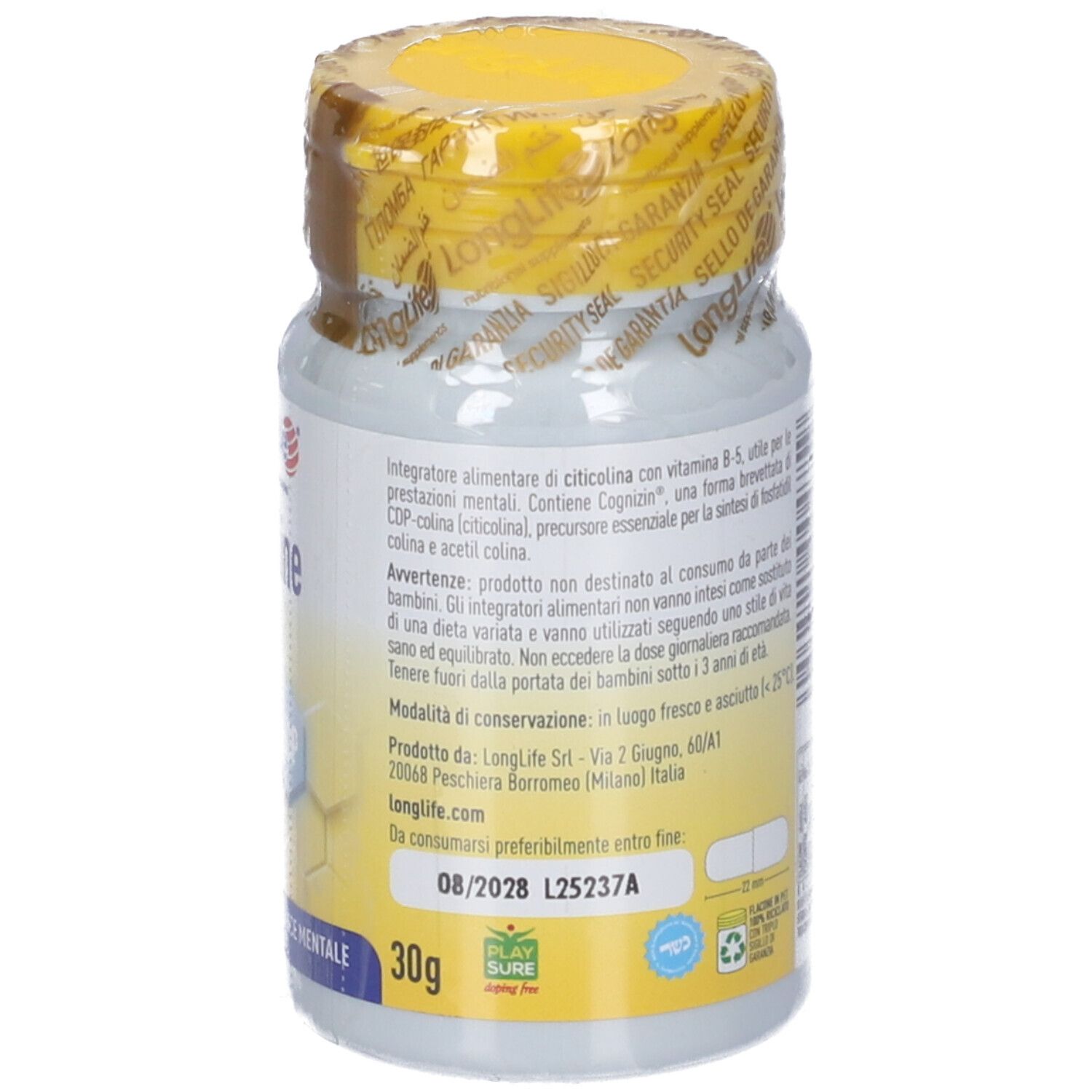 Retro del flacone di Citicolina. Contiene informazioni sugli ingredienti e il dosaggio. 30g. Scadenza 08/2028.