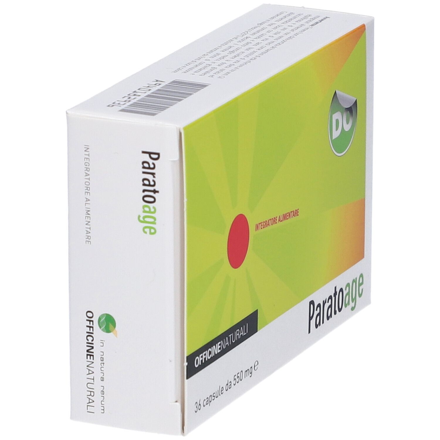 Scatola PARATOAGE, 36 capsule. Design verde e giallo con cerchio rosso e scritta. Vista laterale.