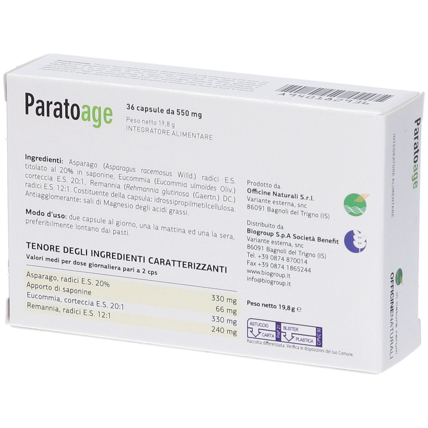Retro della scatola PARATOAGE. Contiene ingredienti, dosaggio e informazioni produttore. Testo in italiano.
