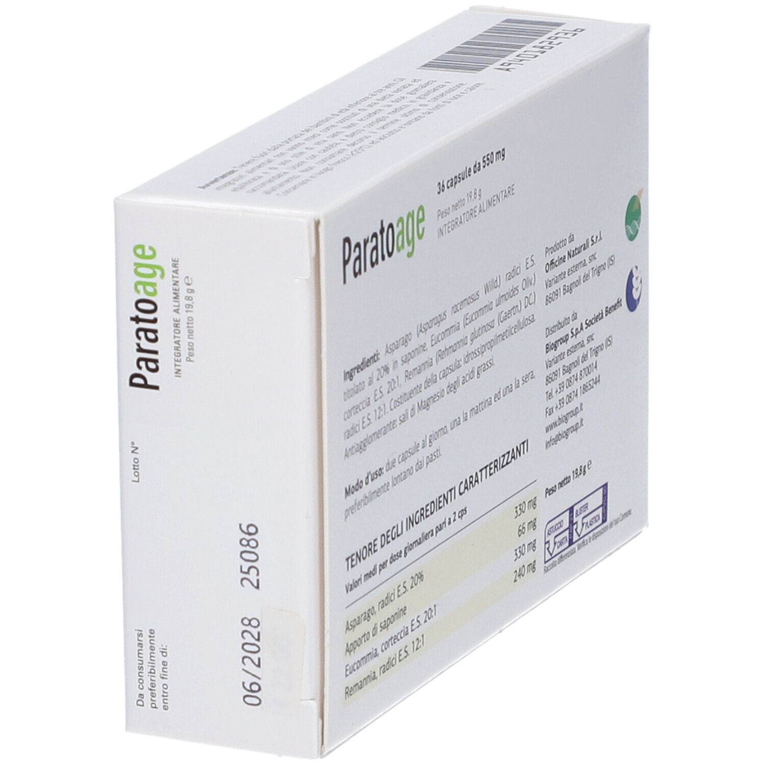 Vista laterale della scatola PARATOAGE. Contiene ingredienti, dosaggio e informazioni produttore. Testo in italiano.