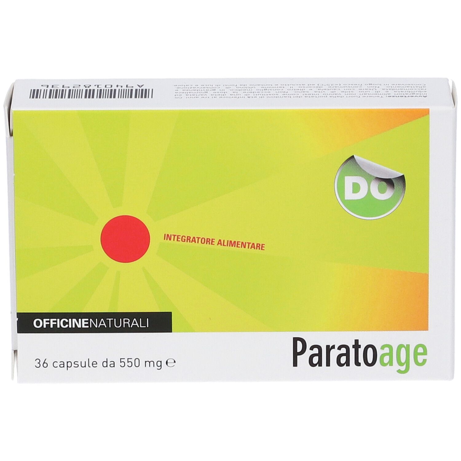 Scatola PARATOAGE, 36 capsule. Design verde e giallo con cerchio rosso e scritta. Vista frontale.