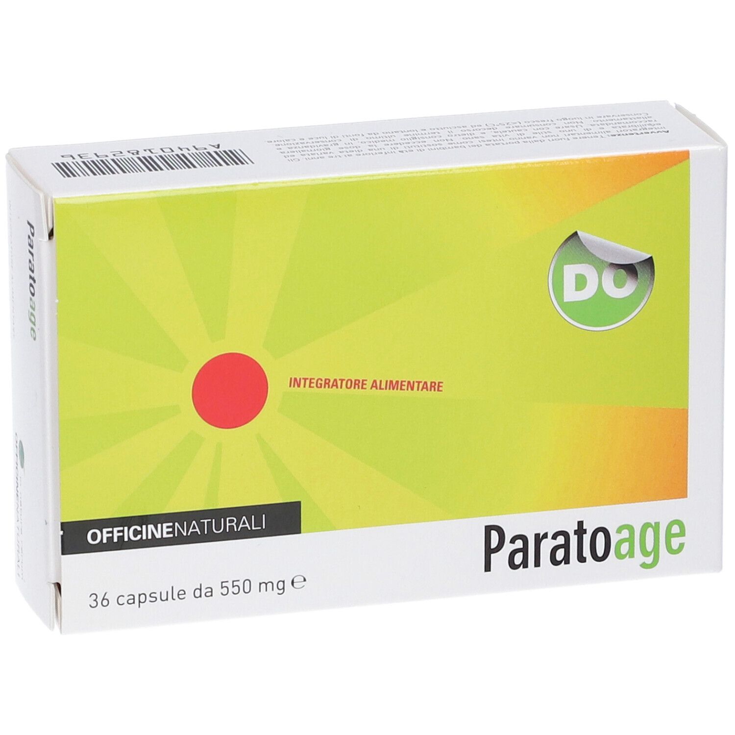 Scatola PARATOAGE, 36 capsule. Design verde e giallo con cerchio rosso e scritta. Vista frontale.