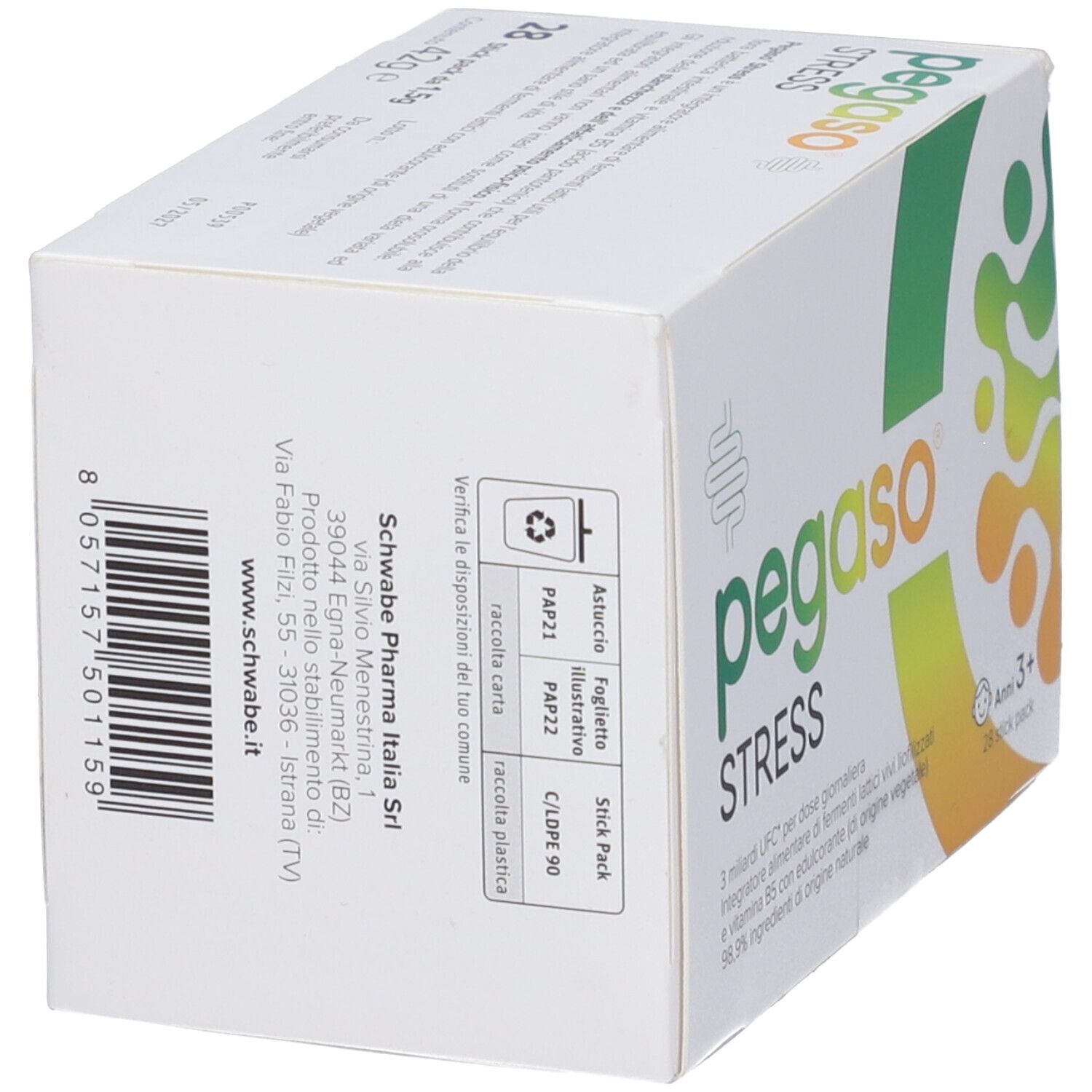 Retro scatola Pegaso Stress con testo e simboli riciclo. Indirizzo produttore.