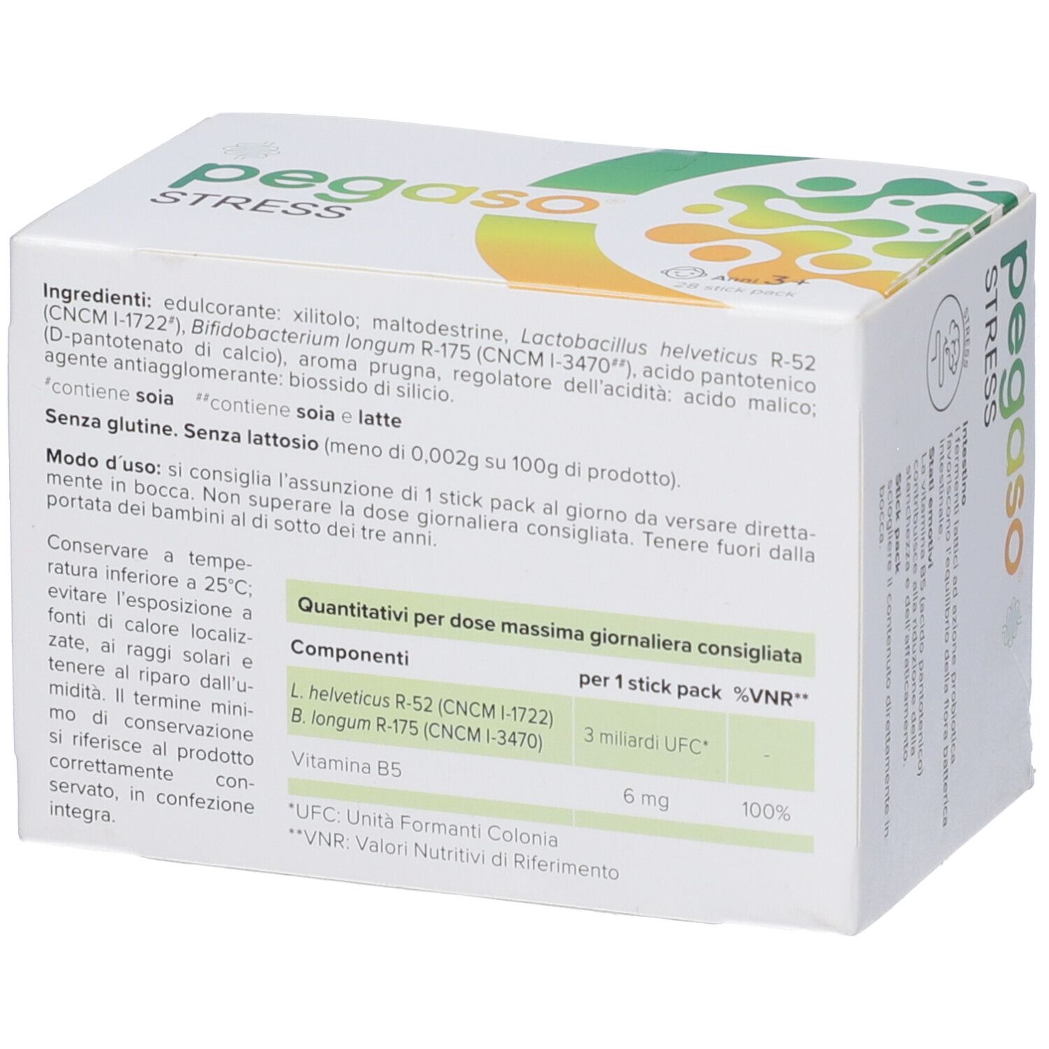 Lato scatola Pegaso Stress con ingredienti e dosaggio. Contiene vitamina B5.