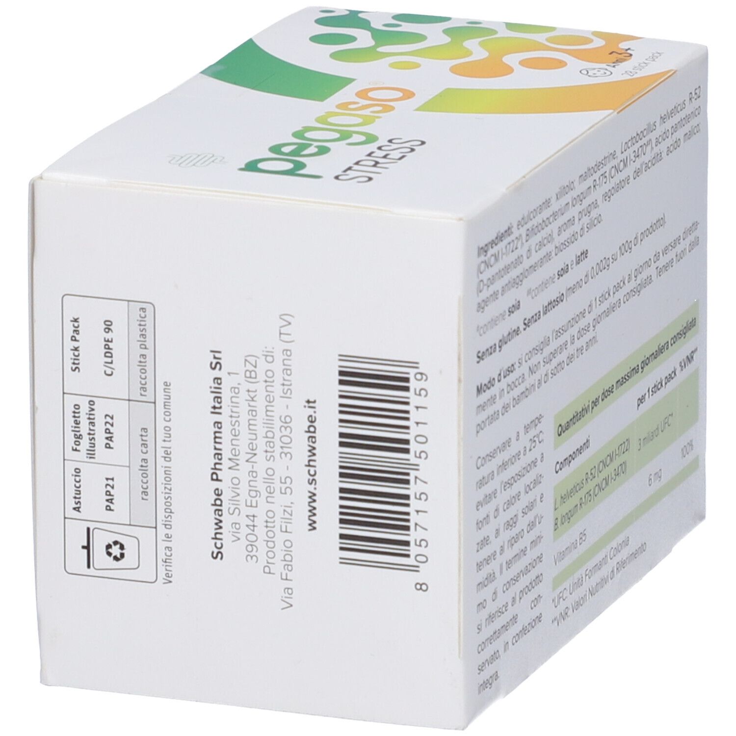 Retro scatola Pegaso Stress con testo e simboli riciclo. Indirizzo produttore.