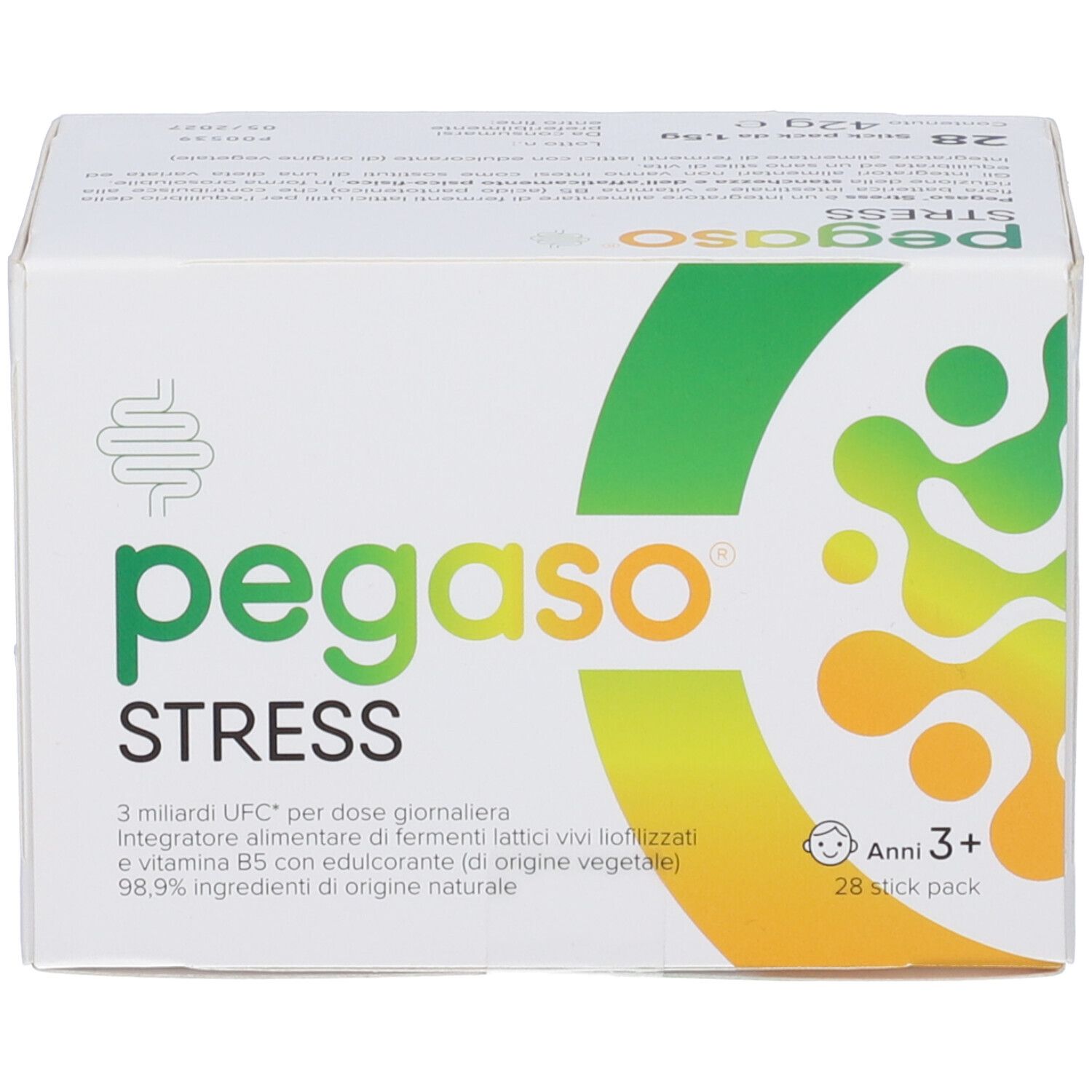 Scatola Pegaso Stress. Design verde-giallo, testo. Contiene 28 stick pack. Per bambini dai 3 anni.