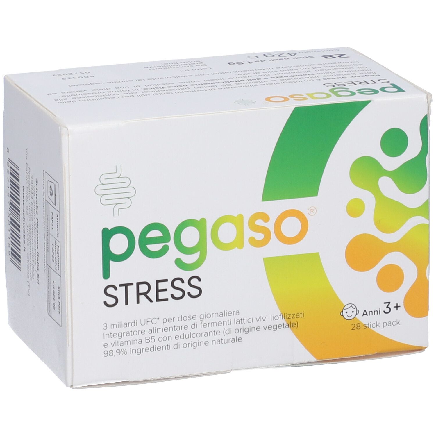 Scatola Pegaso Stress. Design verde-giallo, testo. Contiene 28 stick pack. Per bambini dai 3 anni.