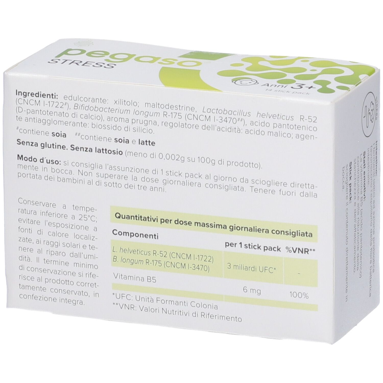 Retro della scatola Pegaso Stress. Elenco ingredienti, informazioni nutrizionali e istruzioni.