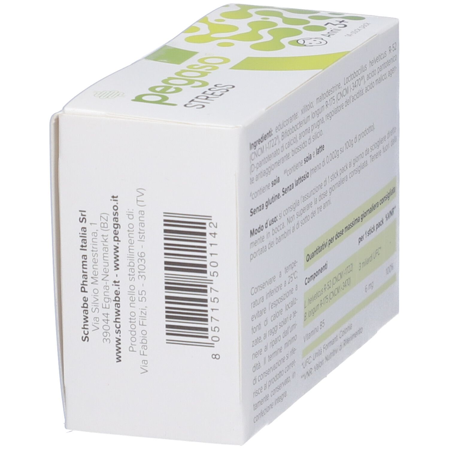 Scatola Pegaso Stress in prospettiva. Contatti e codice a barre. Logo ed elementi verdi.