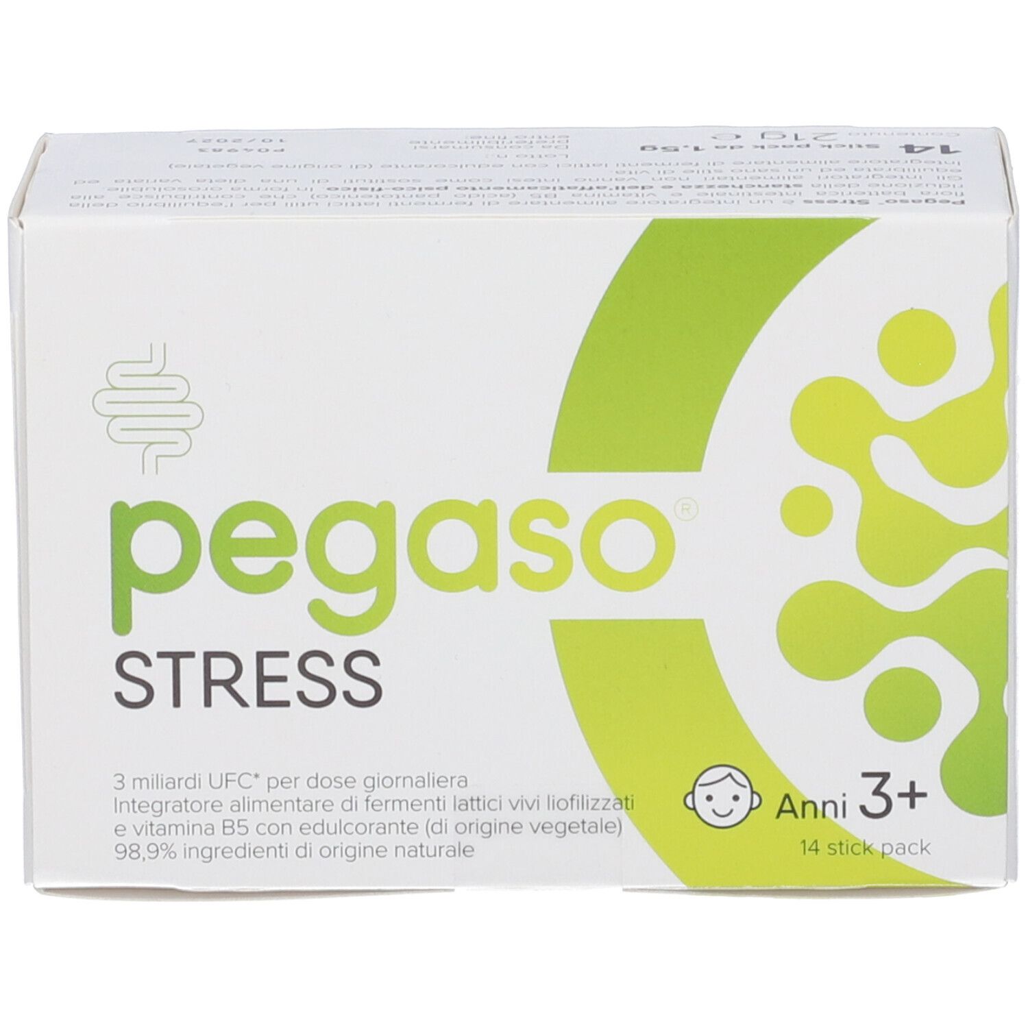 Scatola Pegaso Stress, vista dall'alto. Logo, elementi verdi e testo: 14 stick pack.