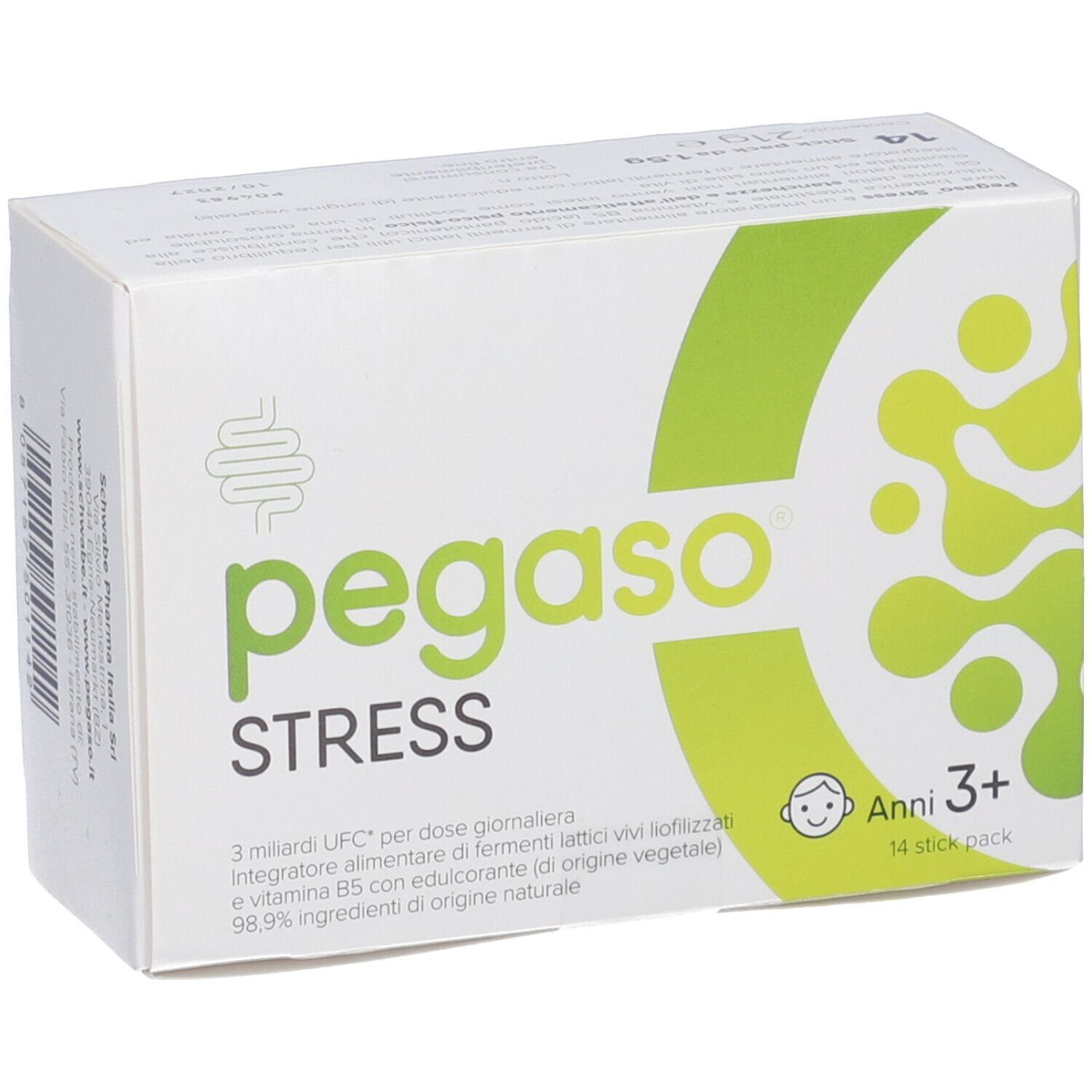 Scatola Pegaso Stress. Logo, elementi verdi e testo: 14 stick pack. Età: 3+.
